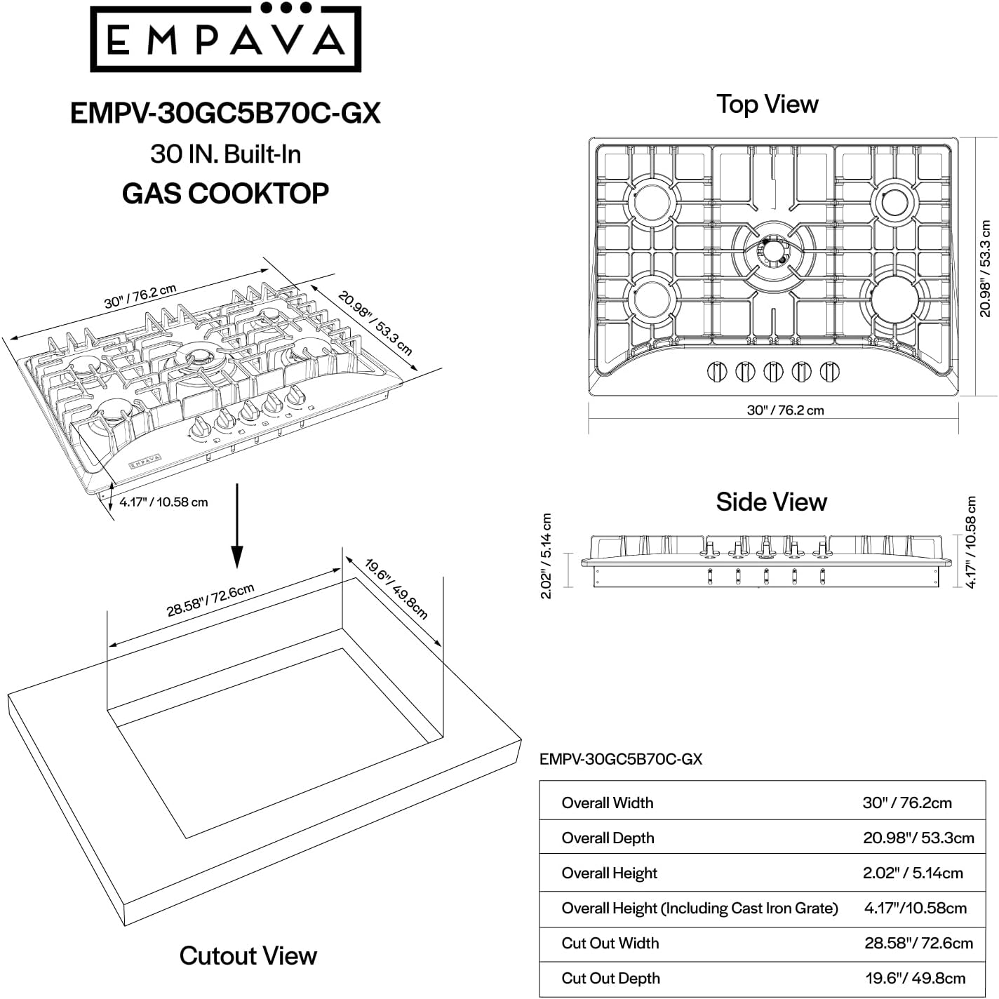 Empava 30' Built-in Gas Cooktop in Stainless Steel with 5 Burners 30XGC5B70C