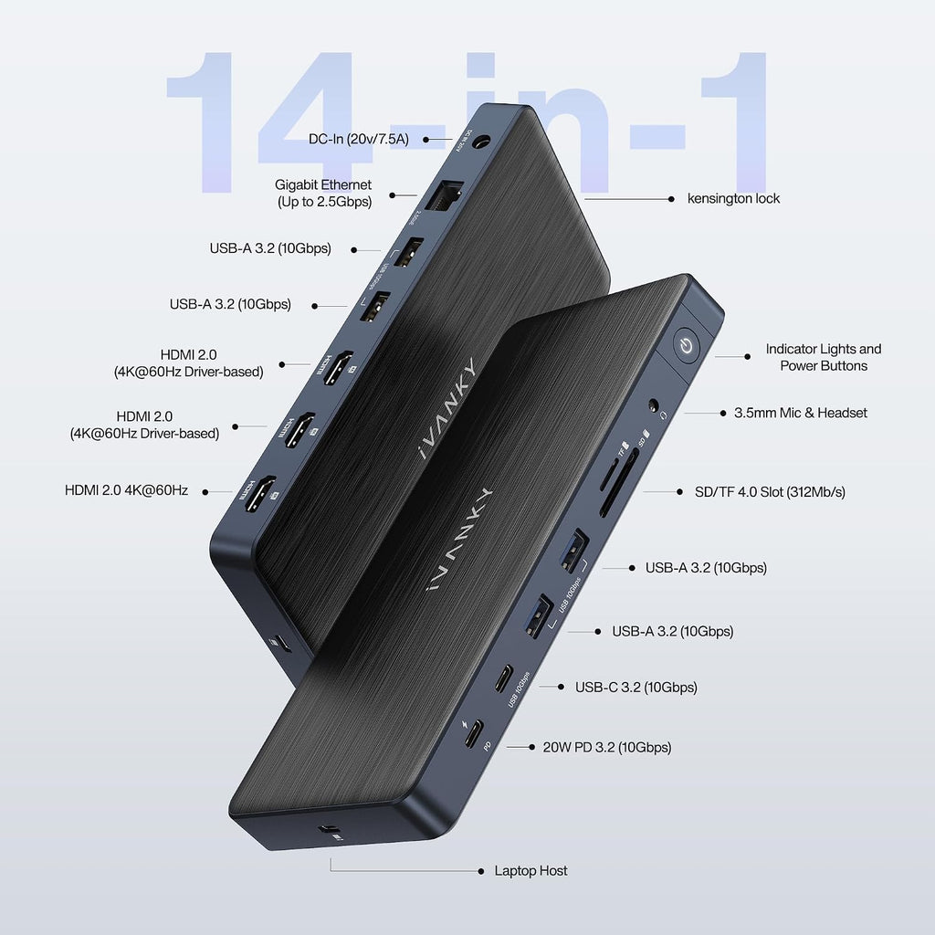 iVANKY 14-in-1 FusionDock Pro 1+ for M2/ M3/ M4/M5 MacBook DisplayLink Docking Station with 180W Power Adapter, Triple 4K@60Hz Monitor Mac mini Air Dock 3HDMI 2.0, 96W PD, 10Gbps, 2.5GbE, SD/TF 4.0