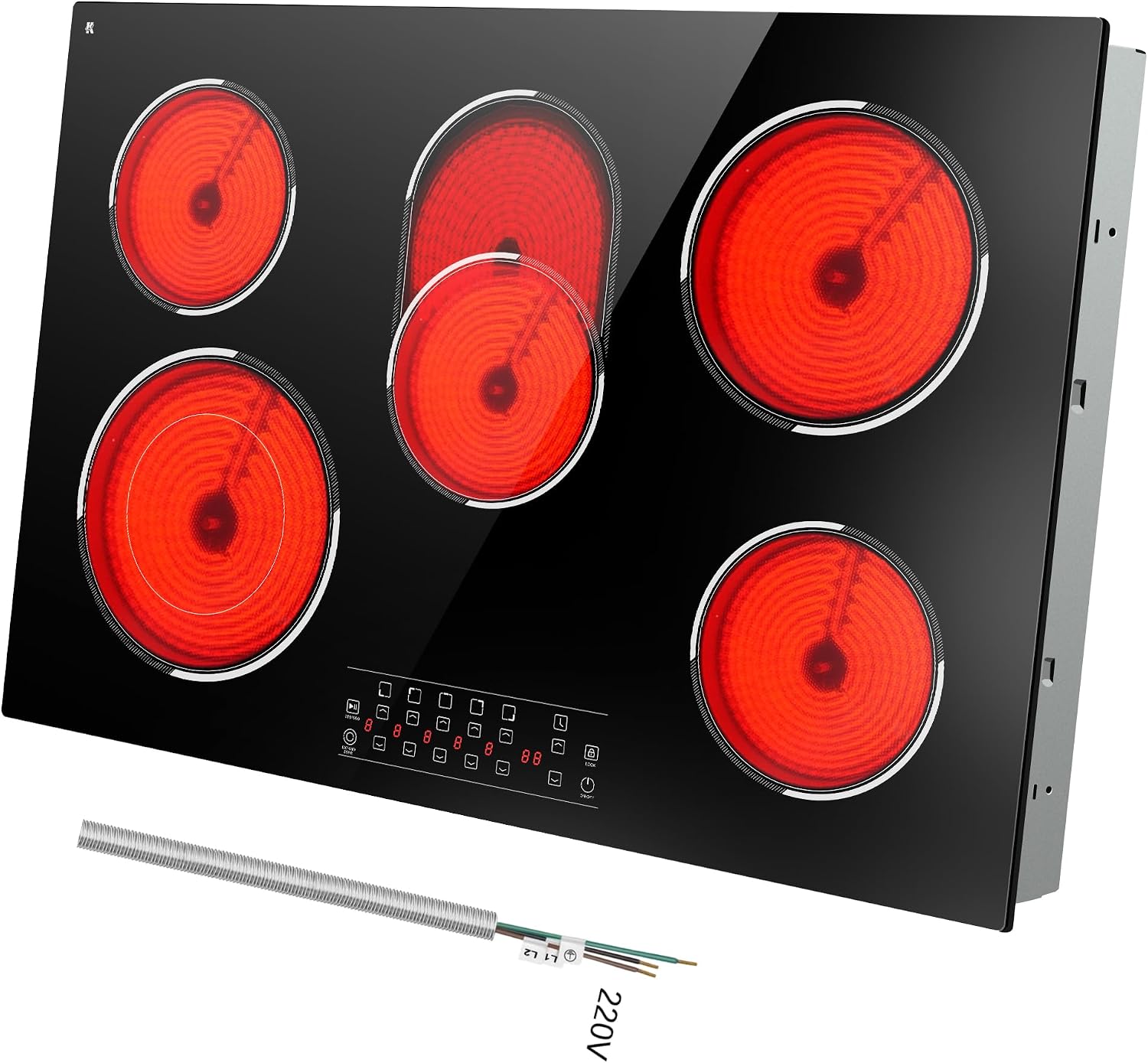 30 Inch Electric Cooktop 5 Burner, 8400W Built-in Electric Stove Top, 30' Ceramic Cooktop with Expanded Zone, Touch Control, Timer, Pause Control, Safety Lock, 220-240V, Hard Wire, No Plug