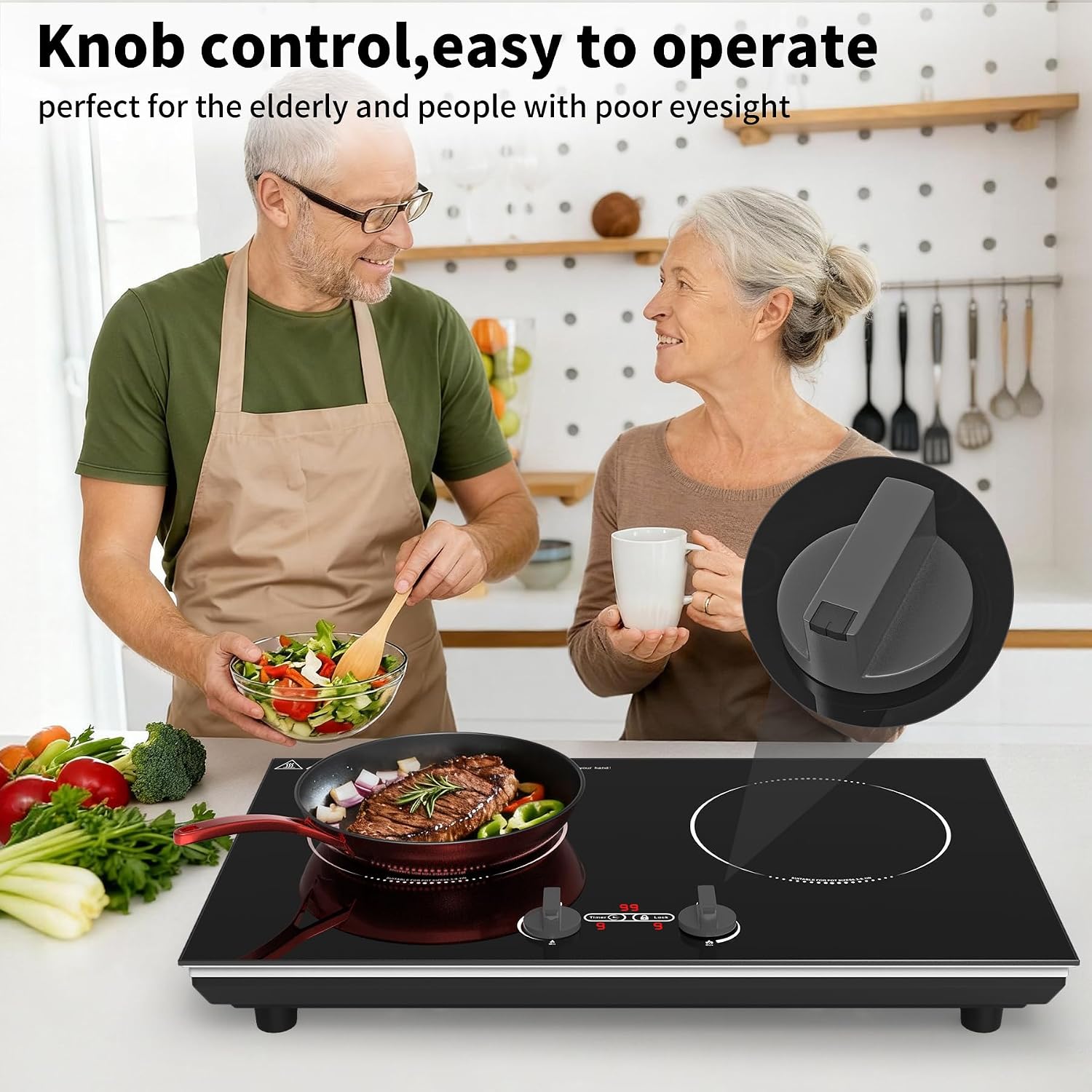 VBGK Induction Cooktop,110V 4000W Countertop burners with Knob Control,9 Power Levels, Kids Lock & Timer,LED touch control,Overheat Protection Electric stove,2 burner induction cooktop
