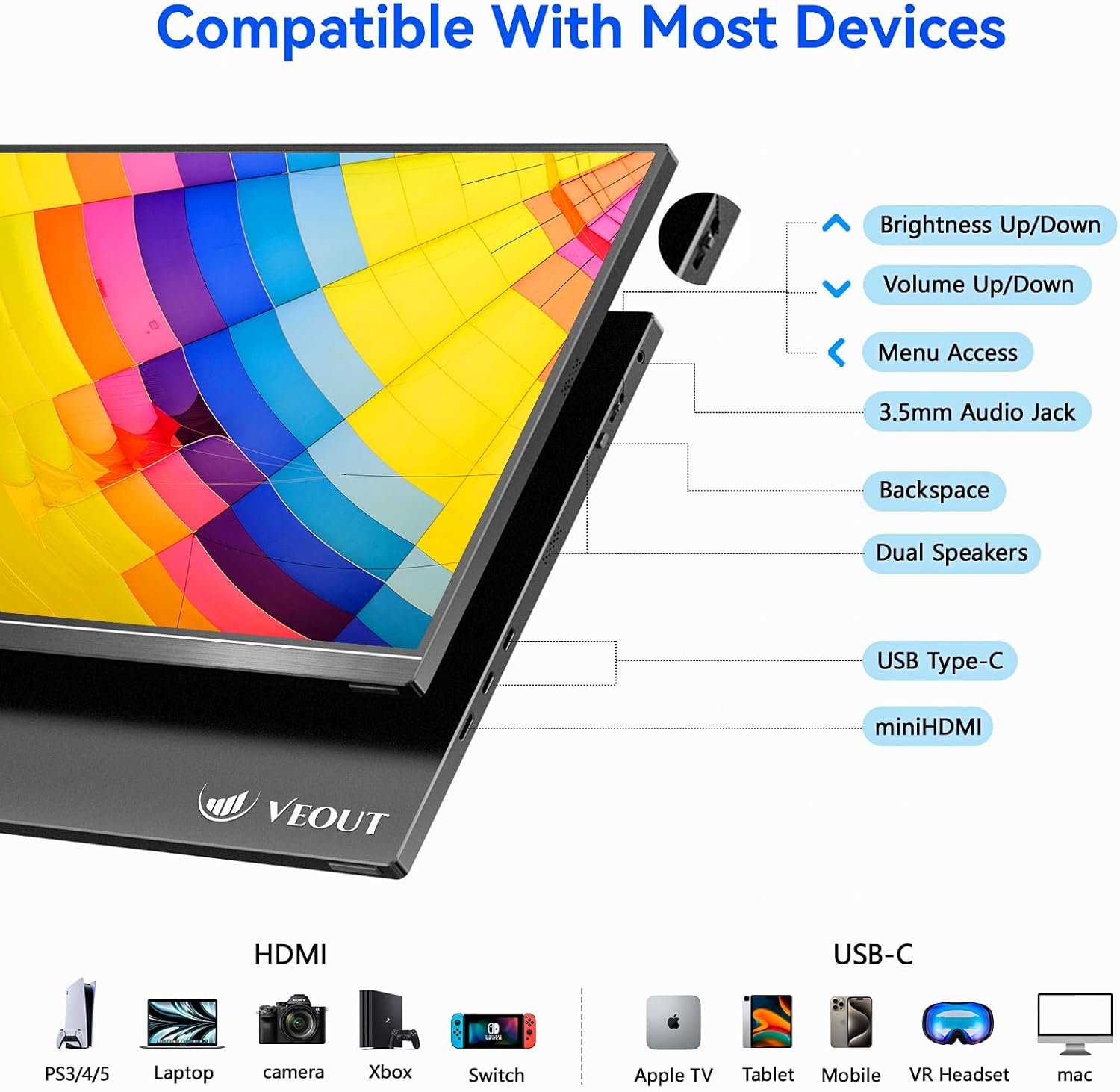 Veout 16' 1920×1200P IPS Portable Monitor for Laptop, Side/Vertical Monitor with Stand, USB-C & Mini HDMI, Second Screen for PC, MacBook, Phone & iPad, 4 Colors for Travel & Office