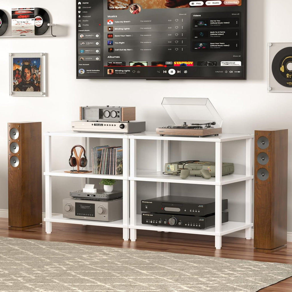 LELELINKY 3-Tier AV Media Player Stand Set of 2, White Stereo Cabinet, Wooden TV Stand,Game Console Shelf, Multifunctional Entertainment Center, Suitable for Home, Conference Room, Game Studio