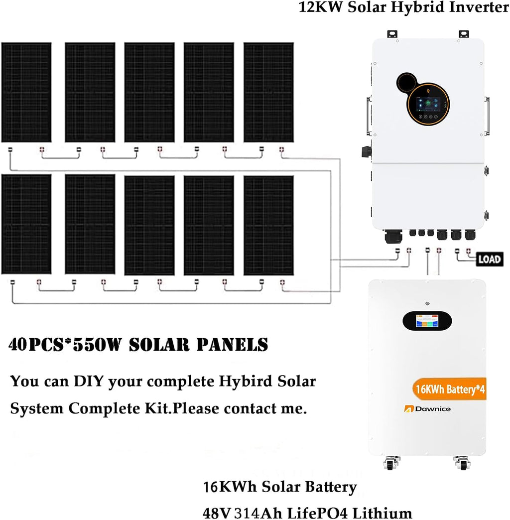 22000W Hybrid Solar System Complete Kit with 3Sets 12KW Solar Hybrid Inverter,6Sets 48V 314Ah 16KWh LiFePO4 Battery 40PCS Bificial 550W Solar Panels with MPPT Controller 120/240Vac