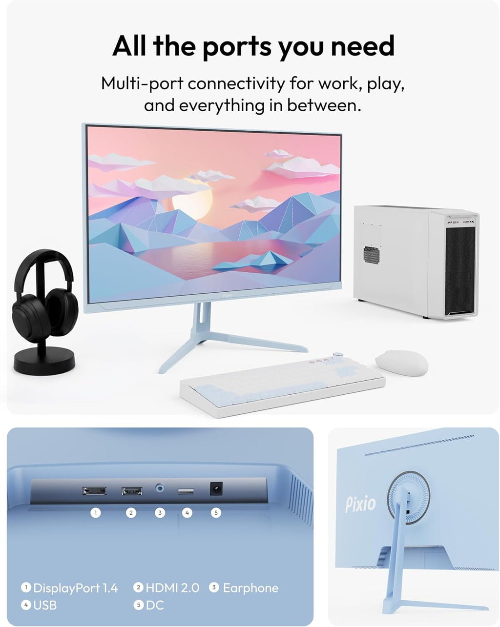 Pixio PX275 Wave Blue 27 inch 100Hz Refresh Rate QHD 1440p Resolution IPS Panel 1ms MPRT Response Time Gaming Monitor with Adaptive Sync