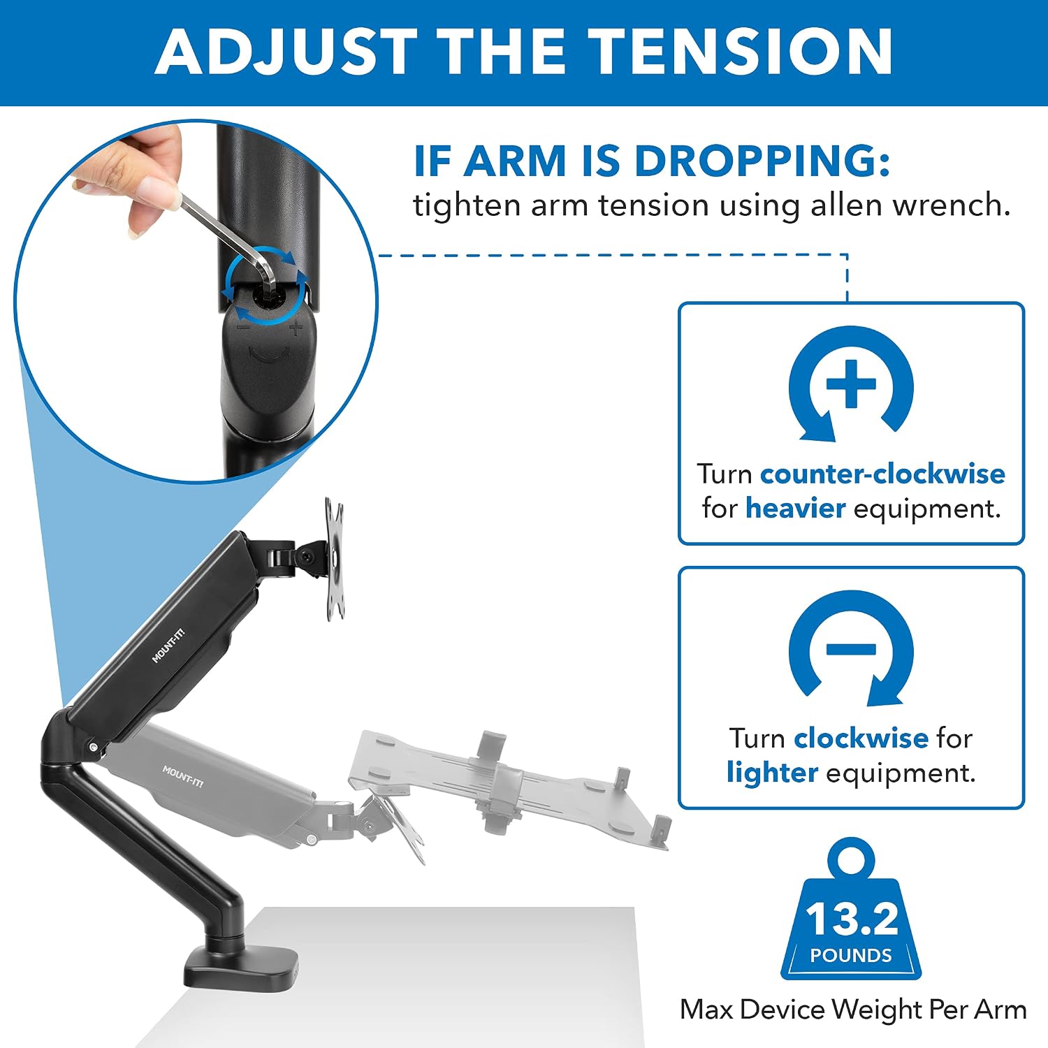 Mount-It! Monitor and Laptop Desk Mount, Height Adjustable Dual Arm Stand with Vented Laptop Tray, Fits Laptops up to 17 Inch and 13–27 Inch Monitors, VESA 75x75 & 100x100, Clamp or Grommet Mount