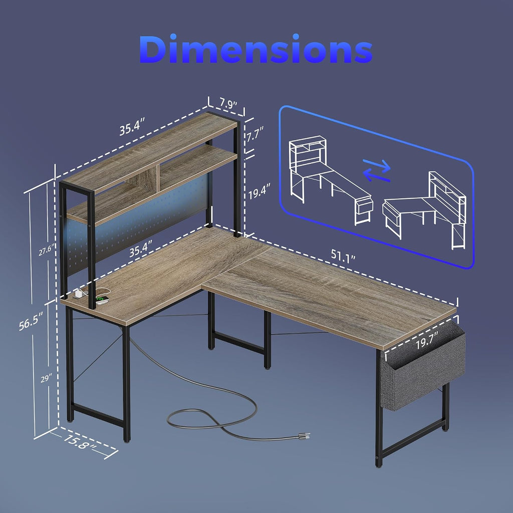 Mericonia 50 inch Large L Shaped Desk with Pegboard Hutch & Shelves, Corner Gaming Desk with Power Outlet, LED Light & Storage Bag, Reversible Computer Desk for Home, Bedroom, Office Workspace, Grey