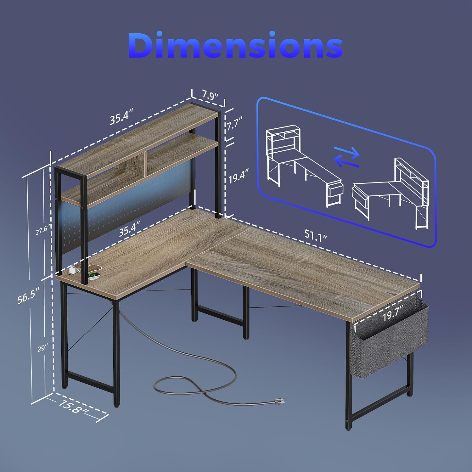 Mericonia 50 inch Large L Shaped Desk with Pegboard Hutch & Shelves, Corner Gaming Desk with Power Outlet, LED Light & Storage Bag, Reversible Computer Desk for Home, Bedroom, Office Workspace, Grey