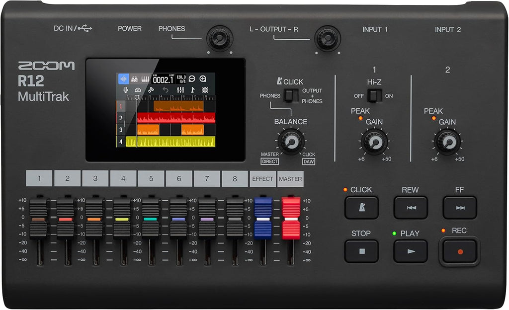 Zoom R12 Multi-Track Portable Recorder for Musicians, with 2 XLR/TRS Combo Inputs, 8 Tracks, Touchscreen, Onboard Editing, Effects, Drum Loops, Battery Powered, USB Audio Interface
