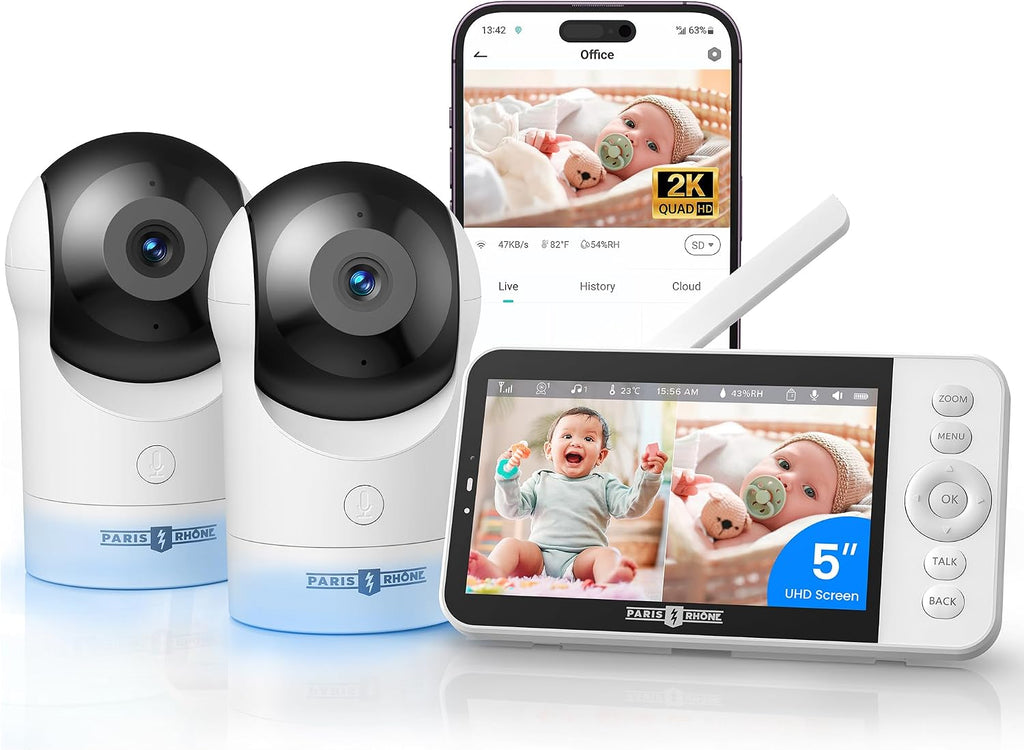 PARIS RHÔNE 2K Split-Screen Baby Monitor, 5' Smart Video Baby Monitor with 2 Cameras, Dual WiFi Cameras with App Control, Night Vision, Motion & Cry Alerts, Auto Tracking, RGB Night Light, Lullabies