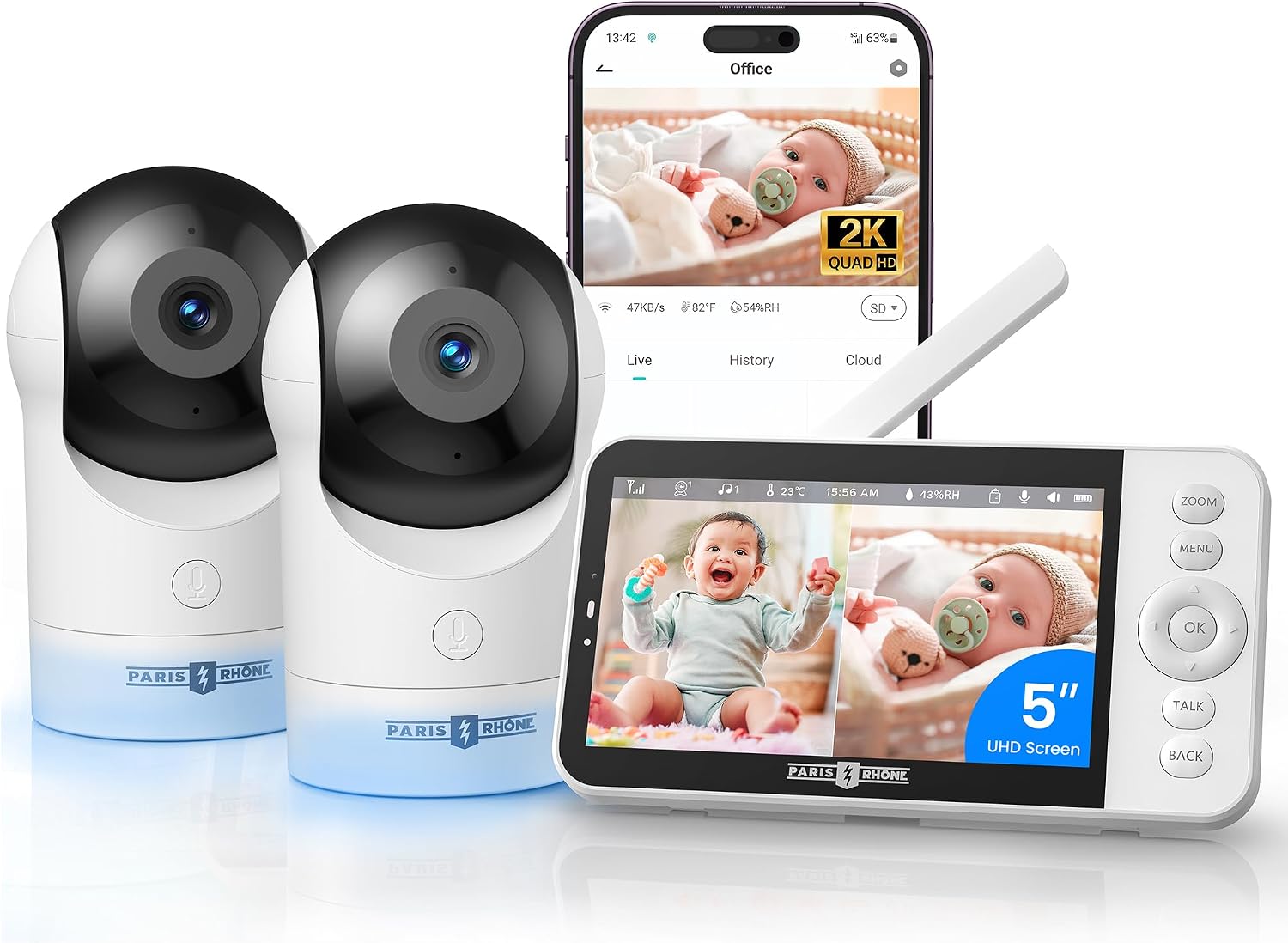 PARIS RHÔNE 2K Split-Screen Baby Monitor, 5' Smart Video Baby Monitor with 2 Cameras, Dual WiFi Cameras with App Control, Night Vision, Motion & Cry Alerts, Auto Tracking, RGB Night Light, Lullabies