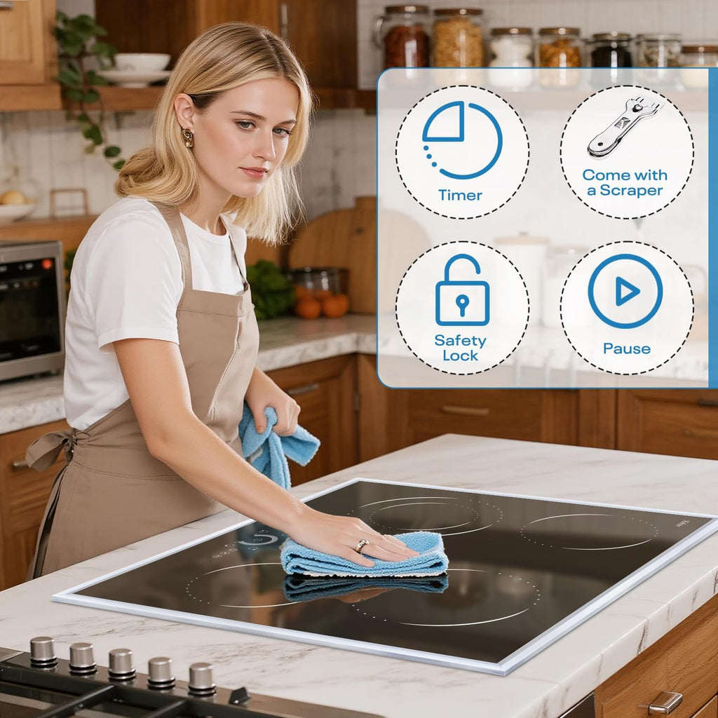 Hobsir 24 inch Electric Cooktop 6200W, 4 Burner Electric Stove Top, Built-in Circular Slide Ceramic Stove with Glass Metal Frame, Timer, Safety Lock, 220V-240V Burner Hard Wire (No Plug)