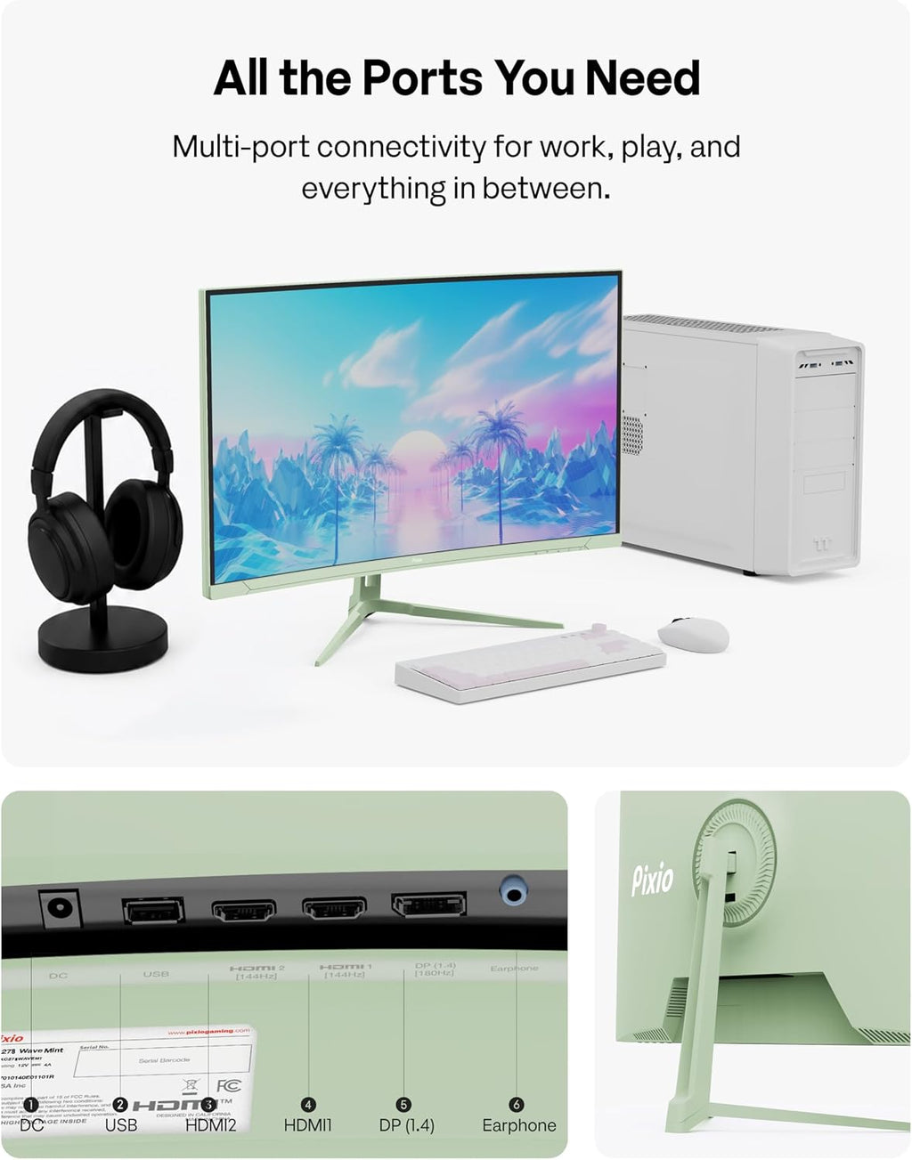 Pixio PXC278 Wave Mint Green 27 inch 180Hz Refresh Rate QHD 1440p Resolution 1650R Curved Fast VA Panel 1ms GTG Response Time Adaptive Sync HDR Curved Gaming Monitor