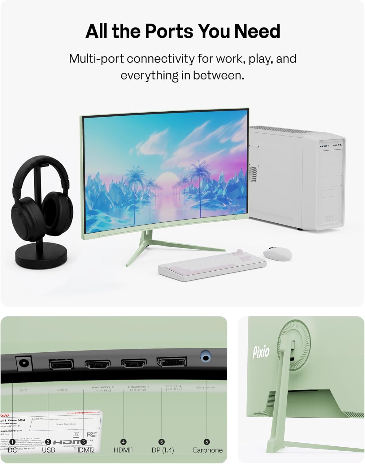 Pixio PXC278 Wave Mint Green 27 inch 180Hz Refresh Rate QHD 1440p Resolution 1650R Curved Fast VA Panel 1ms GTG Response Time Adaptive Sync HDR Curved Gaming Monitor