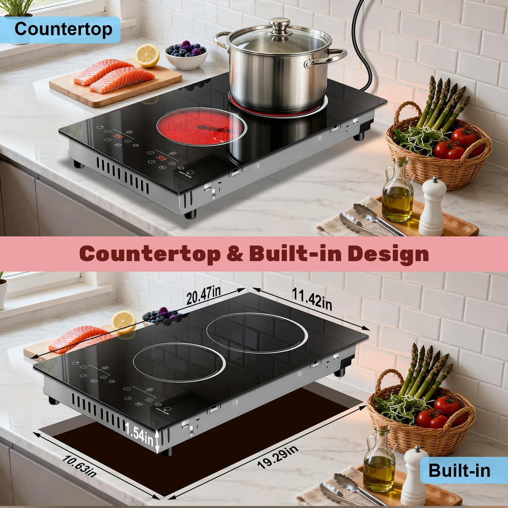 2 Burner Electric Cooktop 2000W, 12 Inch Electric Cook Top Plug in 110V, Electrics Stove with Touch Control, Countertop & Built-in Ceramic Stovetop, 9 Heating Level, Timer, Residual Heat Indicator