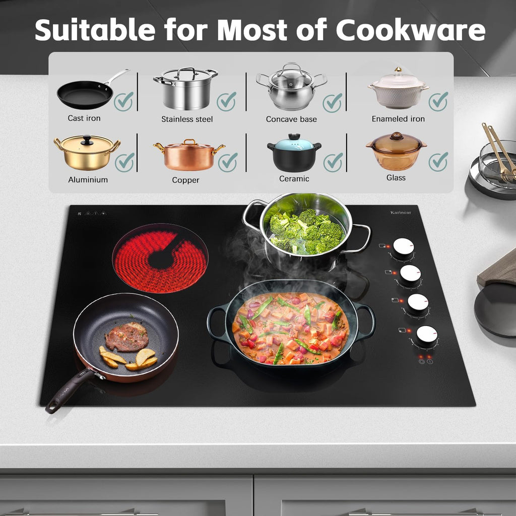 Karinear Electric Cooktop 30 Inch, 4 Burners Electric Stove Top, 30' Knob Control Built-in Radiant Ceramic Cooktop, 6700W, 220~240V Hard Wire(White Knob)