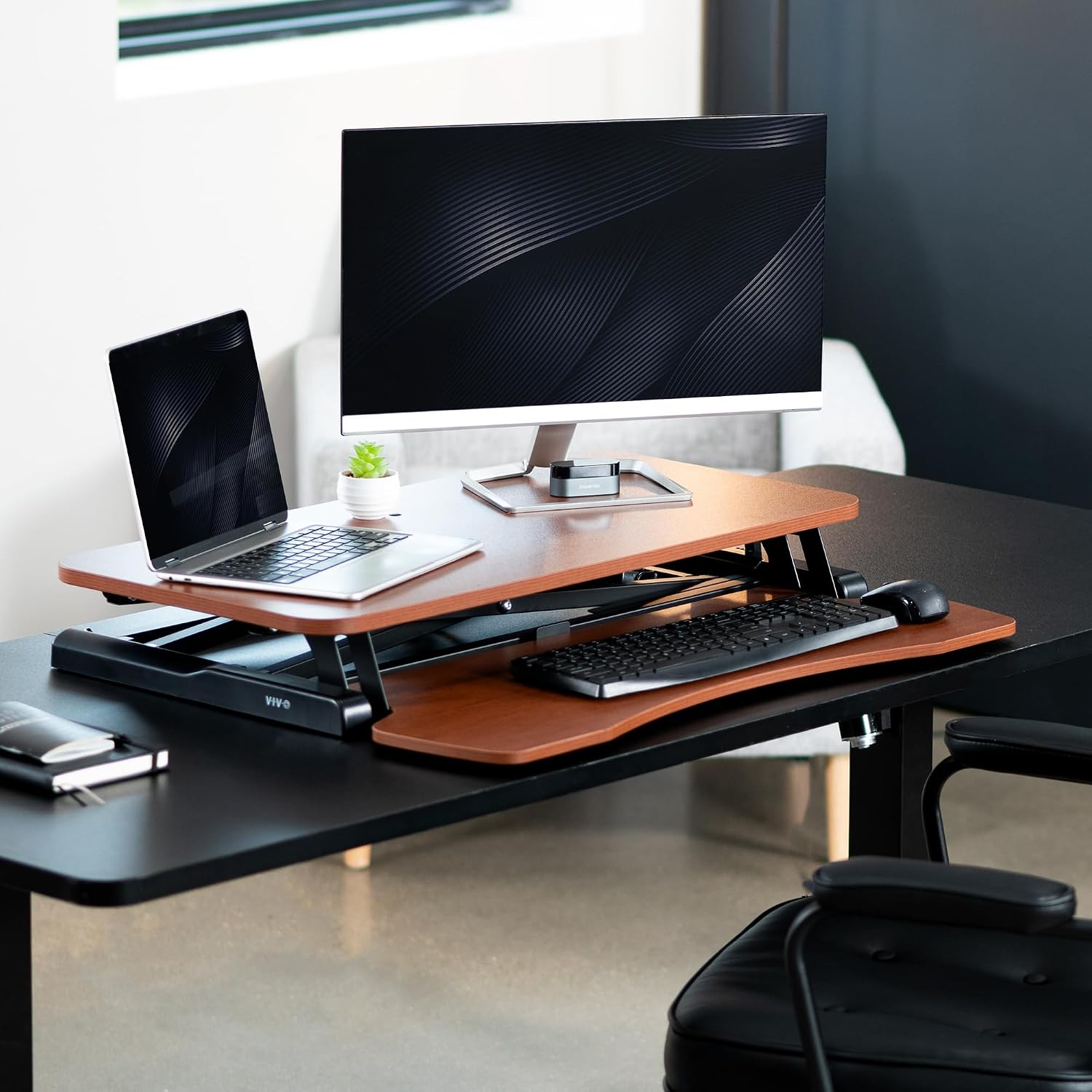 VIVO 32 inch Desk Converter, K Series, Height Adjustable Sit to Stand Riser, Dual Monitor and Laptop Workstation with Wide Keyboard Tray, Dark Walnut Top, Black Frame, DESK-V000KA