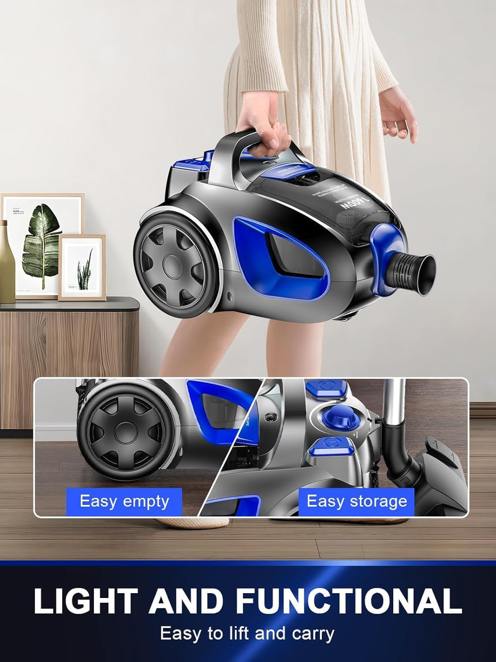 Canister Vacuum Cleaner, 40Kpa 1600W Cyclon Power Bagless Canister Vacuum Cleaners for Home, 3.7QT Large Dust Cup, Lightweight Vac for Hard Floors, Carpets, Pet Hair, Blue