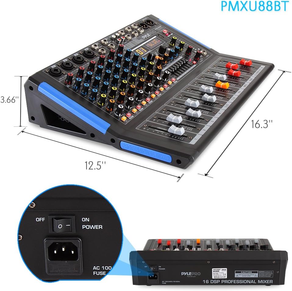 Pyle 8-Channel Console Style Audio Mixer with Bluetooth - DJ Sound Controller, 4 XLR / Combo Inputs, Sub Out, +48V Phantom, USB-A In, 16 DSP Effects, MP3 Player, 7-Band EQ - PMXU88BT