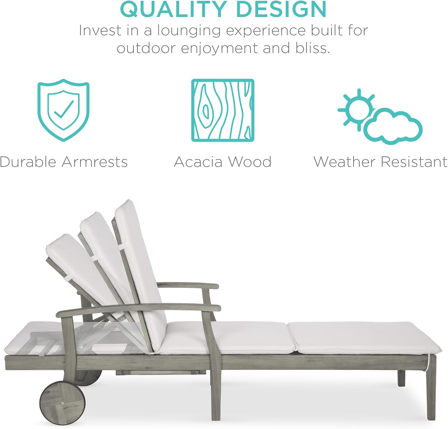 Best Choice Products 79x26in Acacia Wood Chaise Lounge Chair Recliner, Outdoor Furniture for Patio, Poolside w/Slide-Out Side Table, Foam-Padded Cushion, Adjustable Backrest, Wheels - Gray/Cream