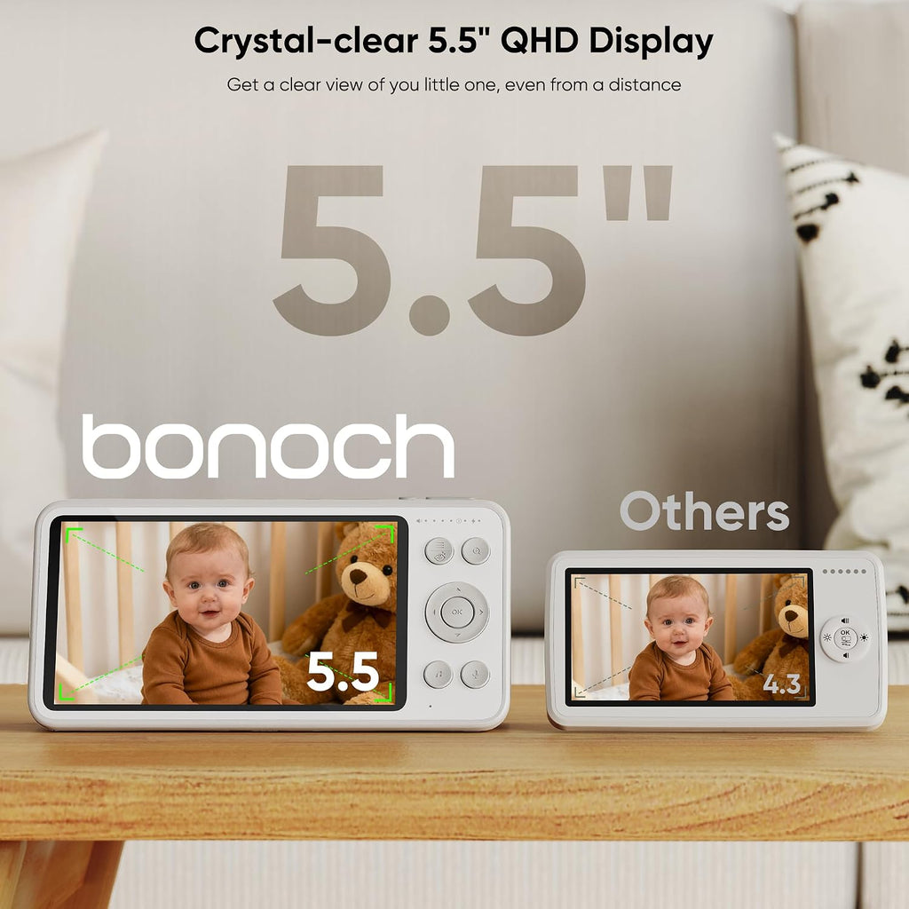 bonoch 2K 5.5' Baby Monitor No WiFi, 1600ft Long Range Video Baby Monitor with Camera and Audio, 240h Battery, White Noise, Hack-Proof, Night Vision, Smart Detect for Cry/Sleep Turnover/Motion
