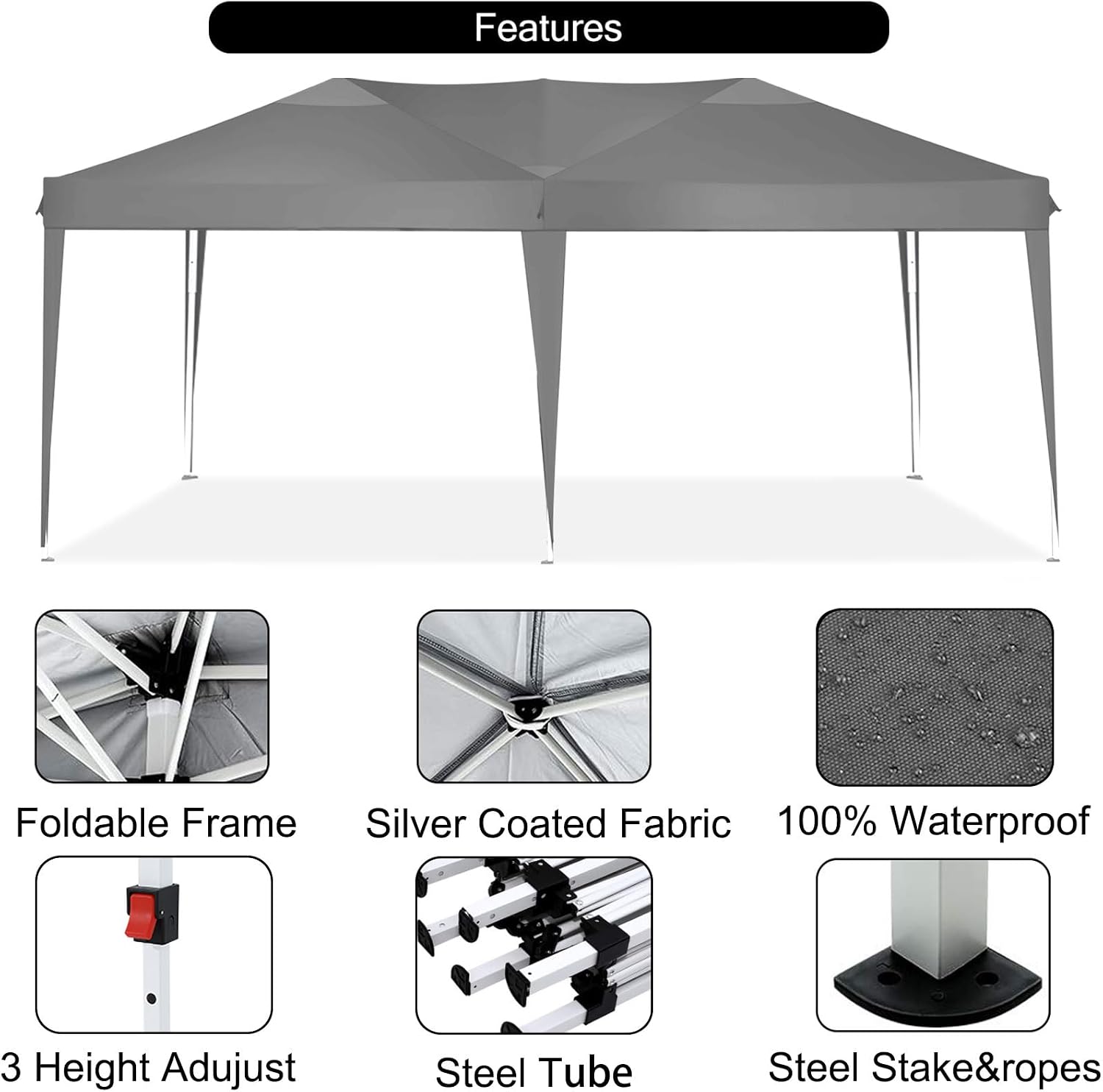 COBIZI 10x20 Pop Up Canopy Tent Party Tents for Parties Weddings Backyard Waterproof Outdoor Commercial Instant Canopy Event Tent with Stakes, Ropes,Sandbags, Gray
