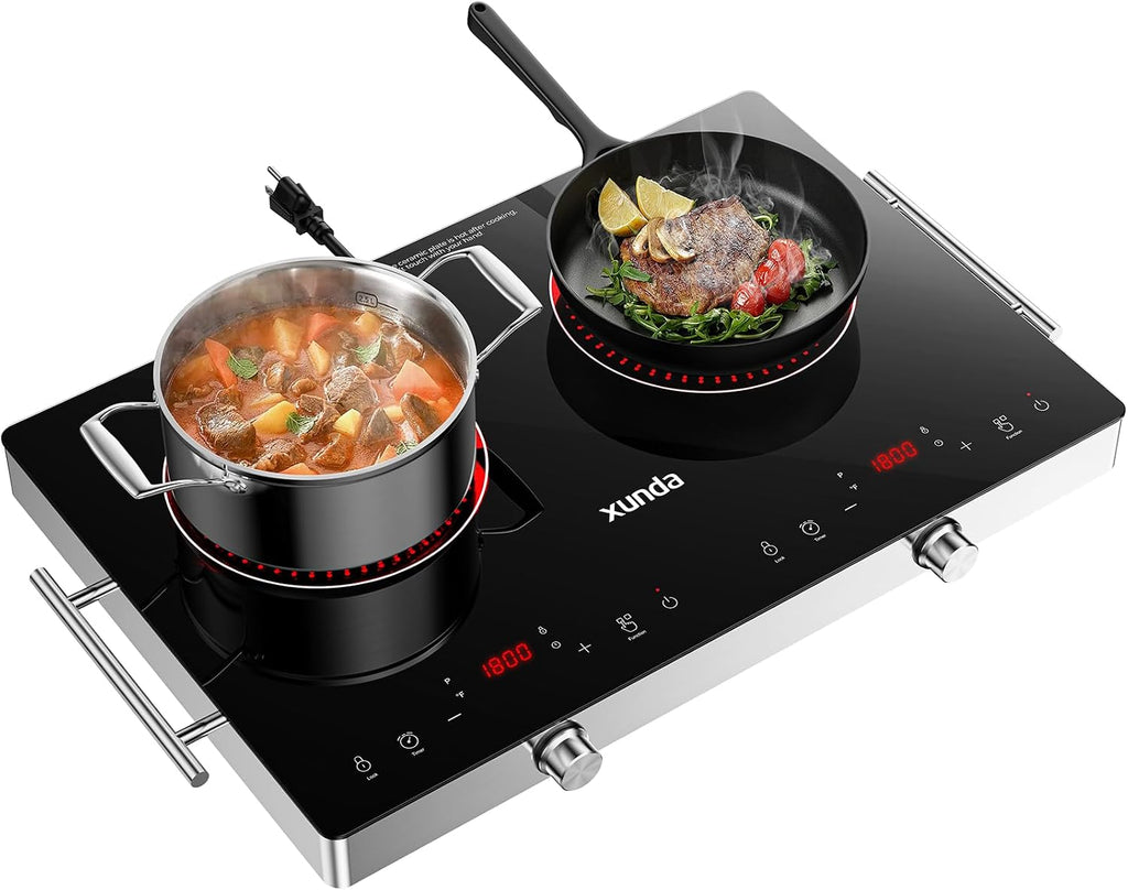 2 Burner Electric Cooktop 110V, Hot Plates Electric with Carry Handle, Ceramic Cooktop for Home, VR, 1800W Touch & Knob Control Timer, Safety Lock (Black)
