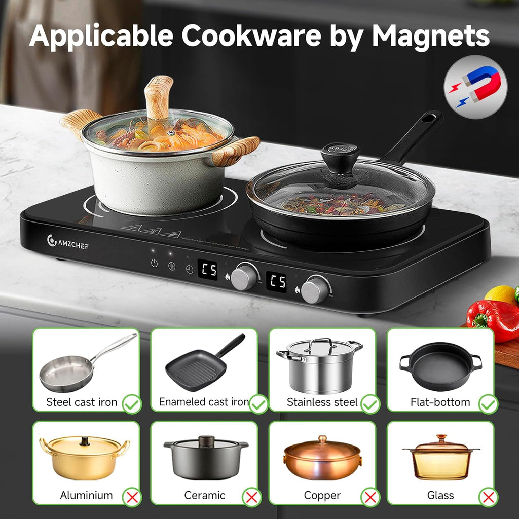 AMZCHEF Induction Cooktop 2 Burners & AMZCHEF Double Induction Cooktop with Removable Griddle Pan