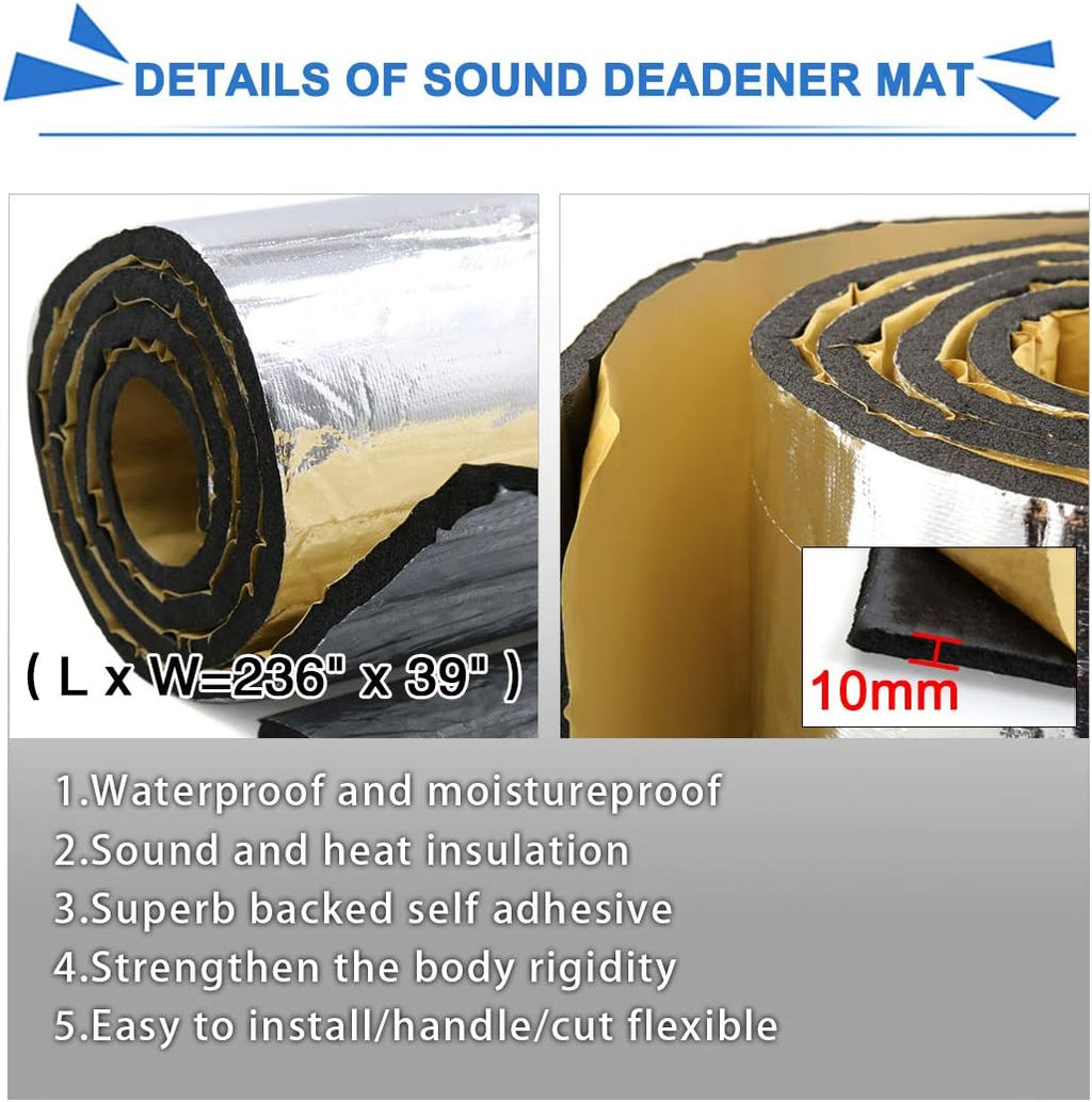 uxcell 394mil/10mm 64.5sqft Sound Deadening Heat Deadener Insulation Mat Intensive Alumium Foil Acoustic Barrier Self-Adhesive 236'x39' / 600cmx100cm