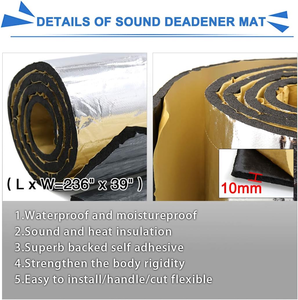 uxcell 394mil/10mm 64.5sqft Sound Deadening Heat Deadener Insulation Mat Intensive Alumium Foil Acoustic Barrier Self-Adhesive 236'x39' / 600cmx100cm