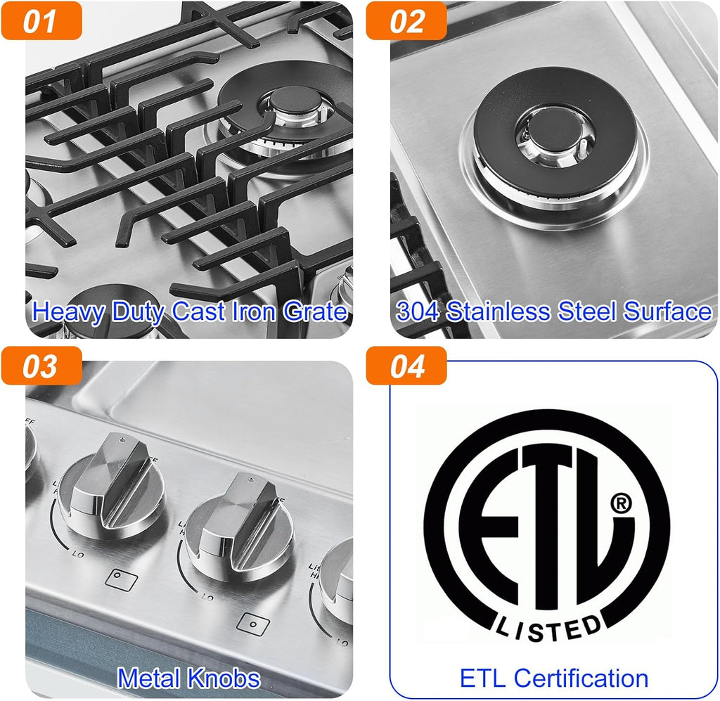 AMZCHEF 36 inch Gas Cooktop with 5 Made in Italy SABAF Power Burners.Max 48300 BTU/hr Built-in Gas Stove top of 304 Stainless steel with Double Sided griddle,NG/LPG Convertible,ETL.