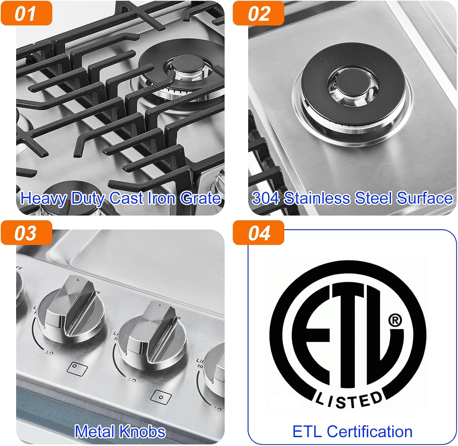 AMZCHEF 36 inch Gas Cooktop with 5 Made in Italy SABAF Power Burners.Max 48300 BTU/hr Built-in Gas Stove top of 304 Stainless steel with Double Sided griddle,NG/LPG Convertible,ETL.
