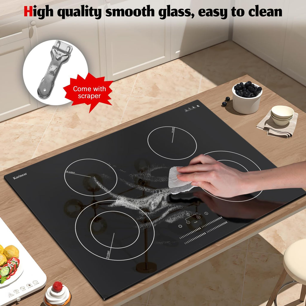 Karinear 4 Burner Electric Cooktop 30 Inch, 240V Radiation Stove Top 30 Inch Built-in Install, 7100W Electric Ceramic Cooktop with Slide Control, Timer, Child Safety Lock, Expandable Burner(No Plug)