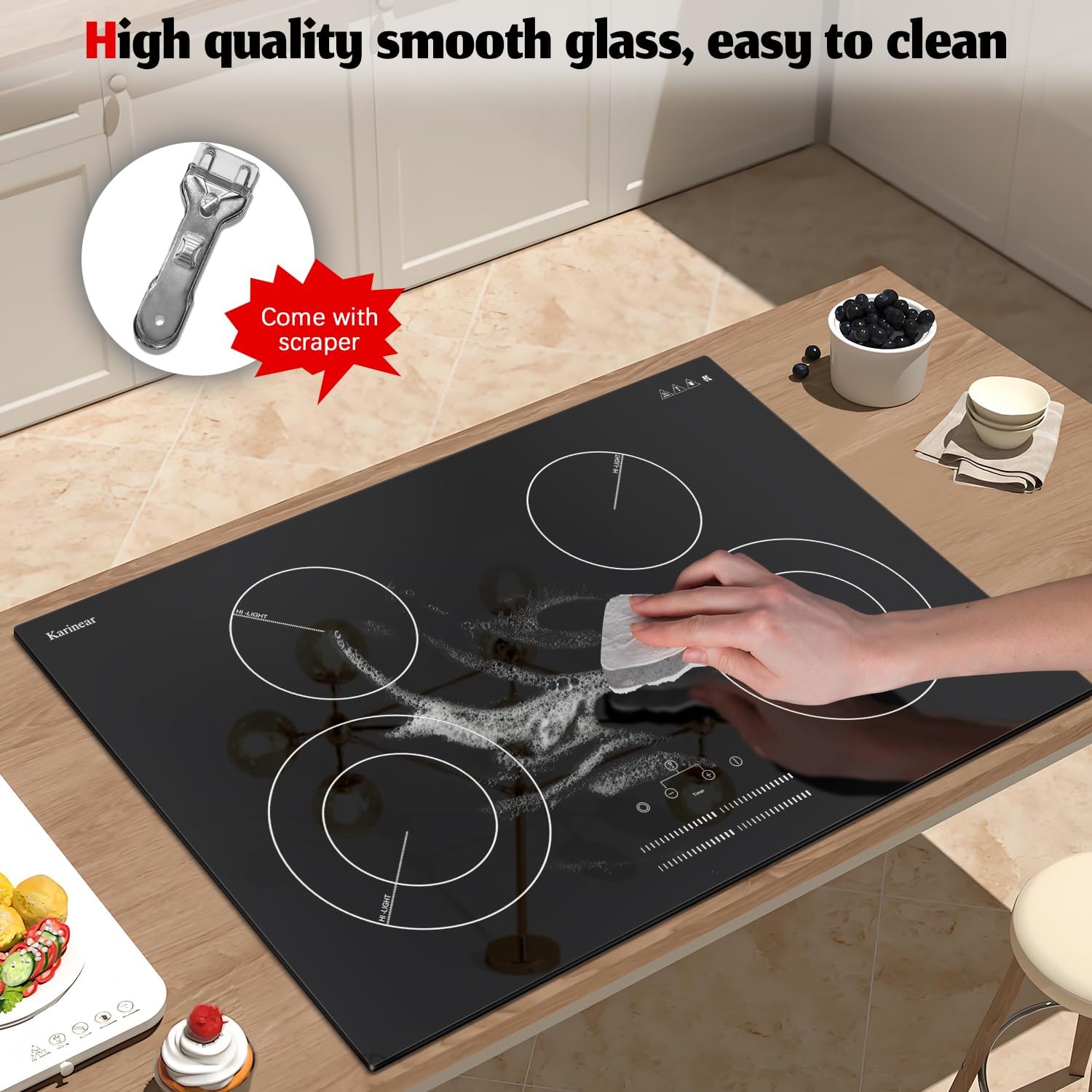 Karinear 4 Burner Electric Cooktop 30 Inch, 240V Radiation Stove Top 30 Inch Built-in Install, 7100W Electric Ceramic Cooktop with Slide Control, Timer, Child Safety Lock, Expandable Burner(No Plug)
