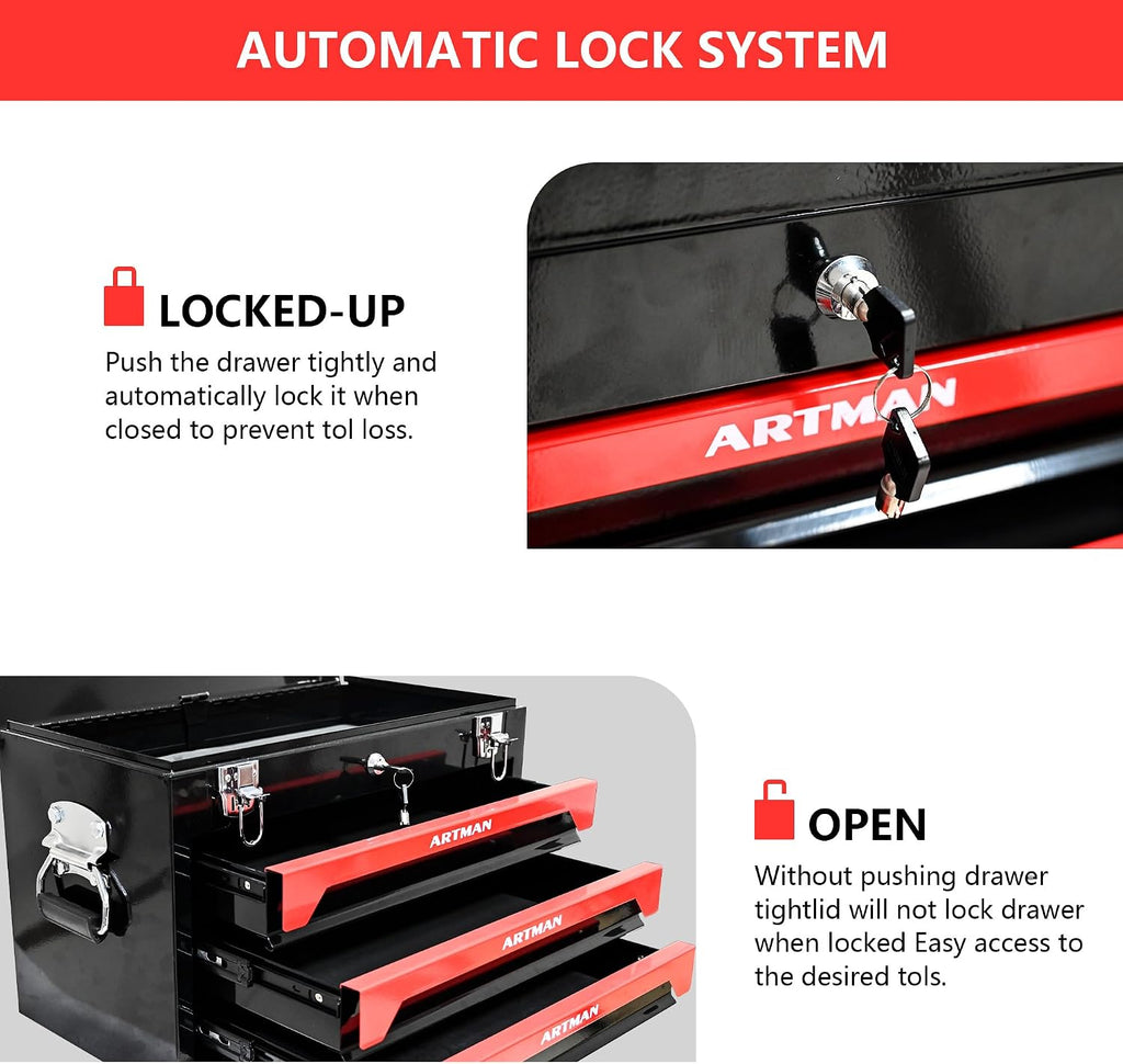 3-Drawer Handheld Toolbox, 3 Drawer Heavy Duty Metal Organizer Box with Lock, Portable Tool Organizer Case for Auto Repair, Garage, Warehouse, Workshop, Repair Shop