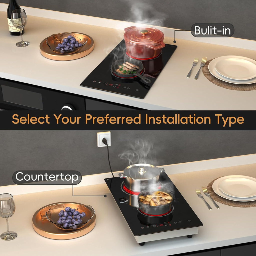 Electric Cooktop 2 Burner, 1800W Radiant Electric Stove Top 120V with Countertop & Built-in Design, 12 inch Touch Control Ceramic Cooktop with Safety Lock, 9 Level Power, Timer - Plug in