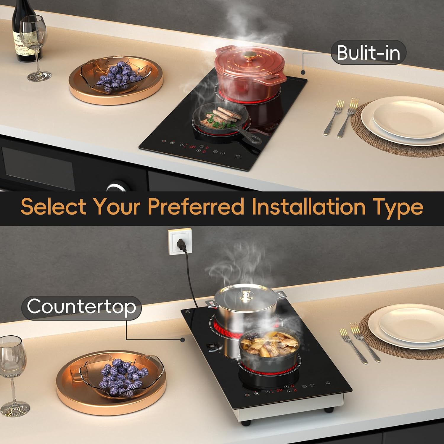 Electric Cooktop 2 Burner, 1800W Radiant Electric Stove Top 120V with Countertop & Built-in Design, 12 inch Touch Control Ceramic Cooktop with Safety Lock, 9 Level Power, Timer - Plug in