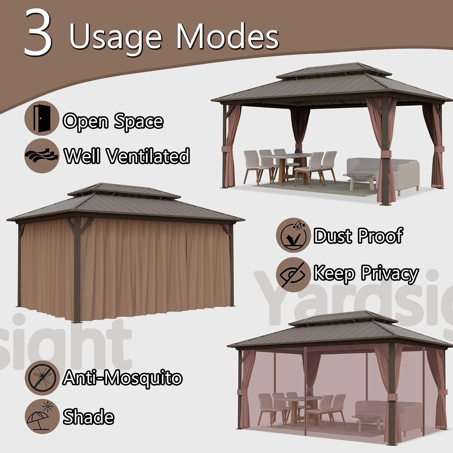 10'x14' Hardtop Gazebo, Outdoor Aluminum Frame Galvanized Steel Double Roof Pavilion with Netting and Shaded Curtains, Permanent Metal Pergolas for Patio, Backyard, Deck and Lawns.