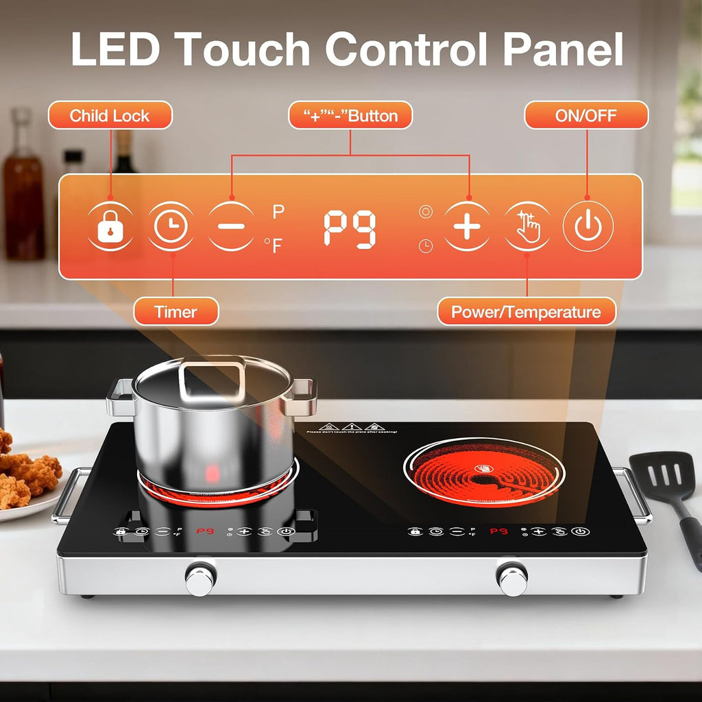 2 Burner Electric Cooktop 110V, 4000W Portable Electric Stove Infrared Hot Plate, 24 inch Countertop Burners with Handle, 3-Hours Timing Setting & Kid Safety Lock, Compatible for All Cookwares