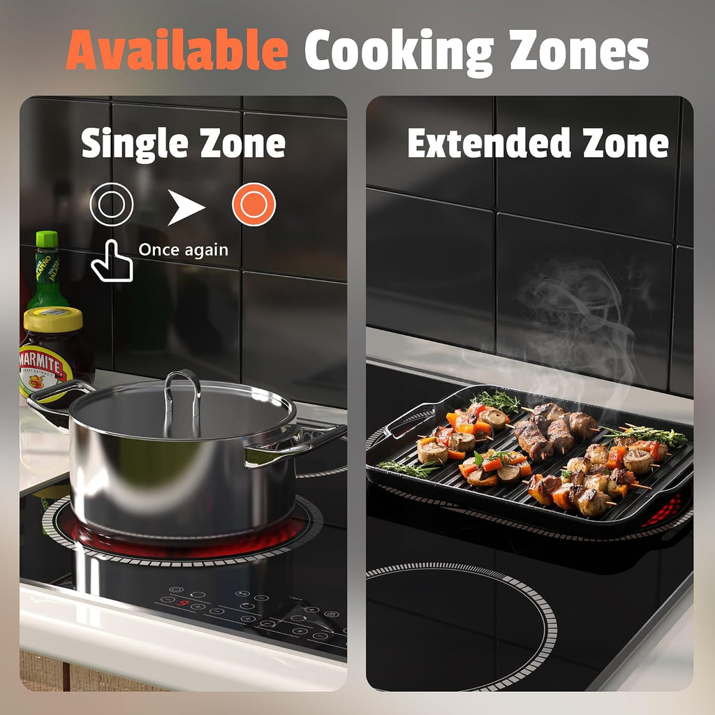 24 Inch Electric Cooktop 4 Burners, Pladeca 6600W Electric Stove Touch Control, 220-240V Built-in Radiant Stove Top with Safety Lock, Timer, Pause Control, Extended Zone, Hard Wire(No Plug)