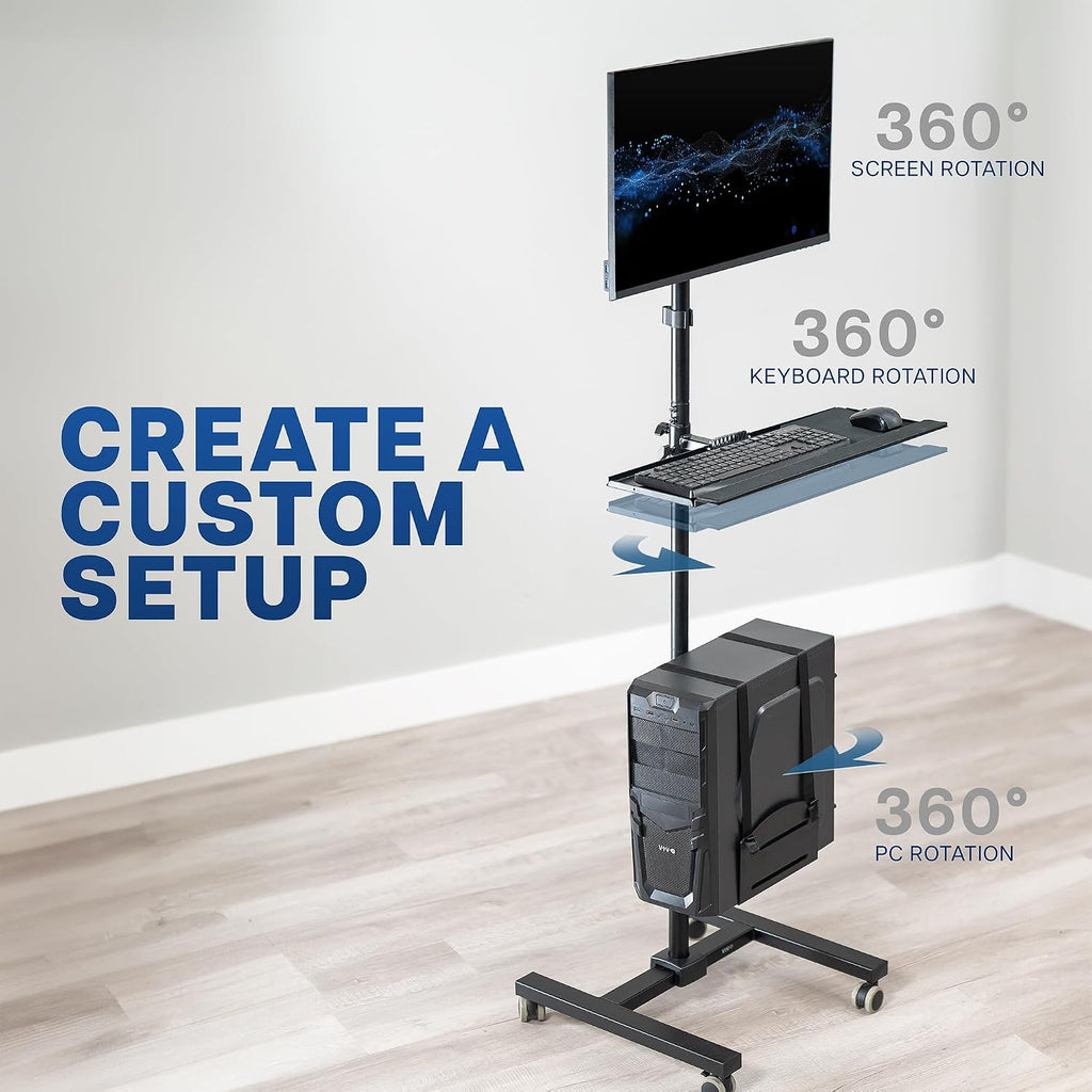VIVO Mobile Computer Cart with Monitor Mount for up to 32' Screens, Rolling PC Desk Workstation, Full Keyboard Tray, Adjustable CPU Holder, Black, CART-PC02T