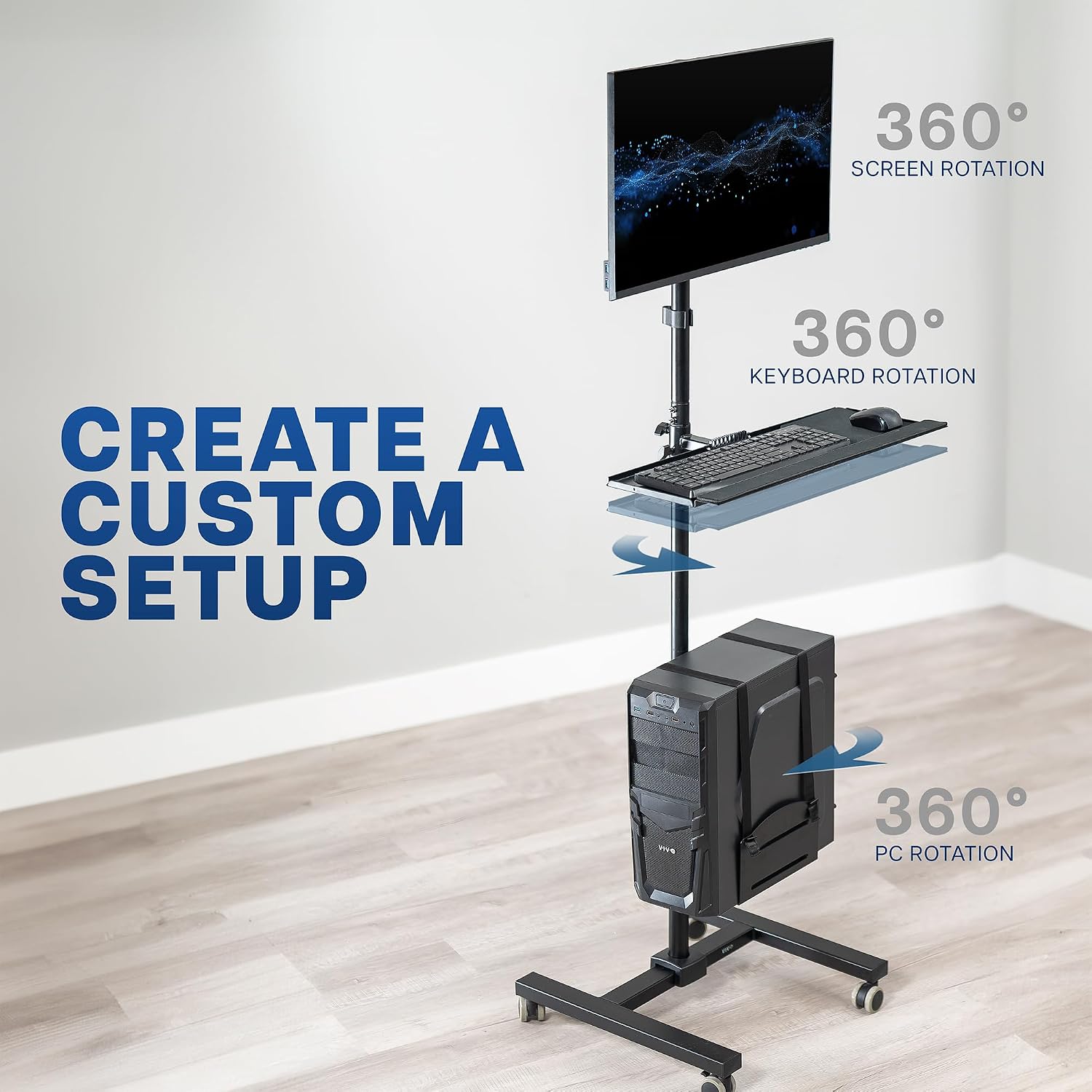 VIVO Mobile Computer Cart with Monitor Mount for up to 32' Screens, Rolling PC Desk Workstation, Full Keyboard Tray, Adjustable CPU Holder, Black, CART-PC02T