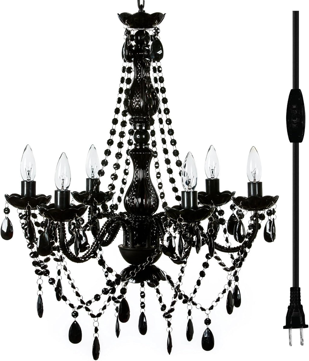 Outdoor 6 Light Plug-in Black Chandelier H26'xW22', Black Metal Frame, Black Acrylic Crystals, and Low Voltage IP65 Water Resistant Electrical Components