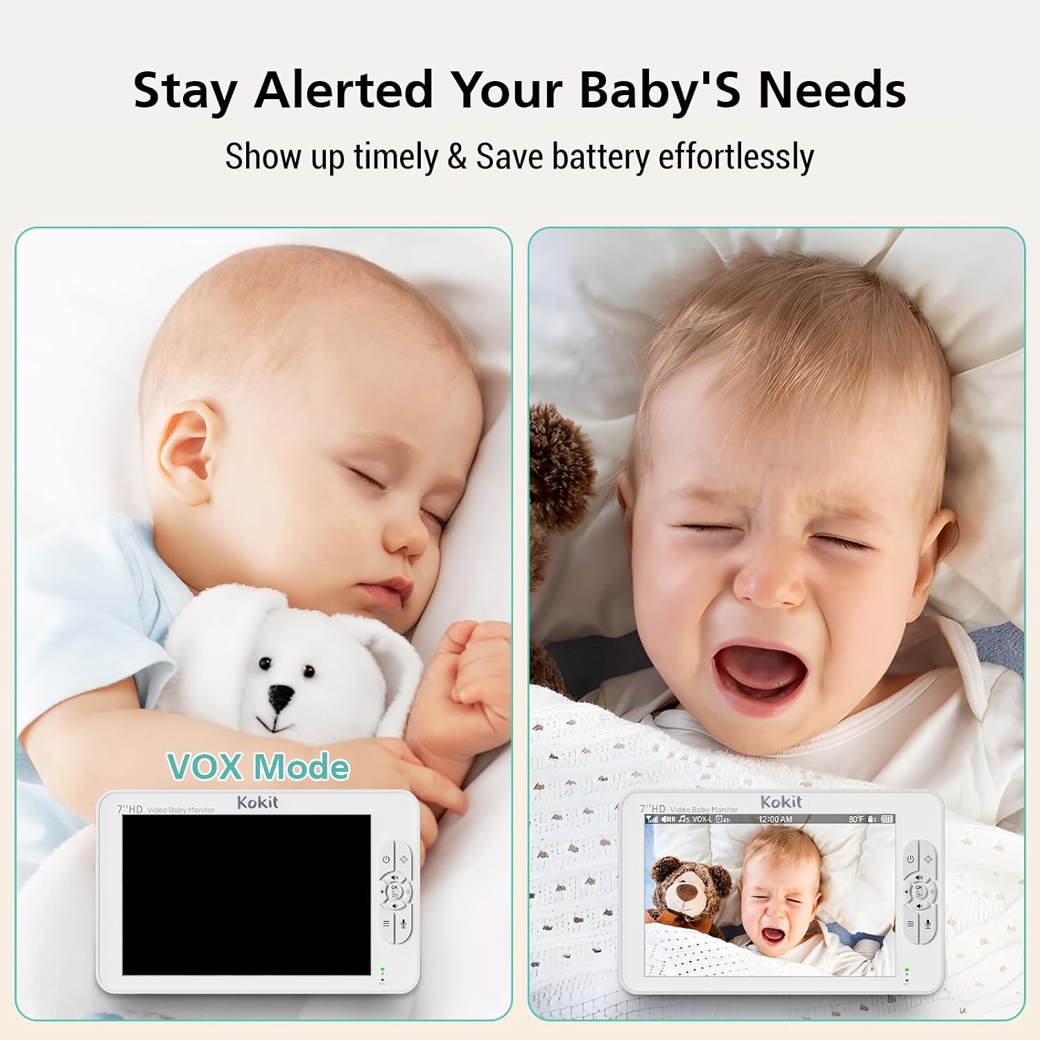 7' 1080P Full HD Dual Camera Baby Monitor 100-Hour Battery Pan-Tilt 355°/120° & 4X Zoom Night Vision & VOX 2-Way Talk & Lullabies Data Protection 2.4GHz Wi-Fi Only