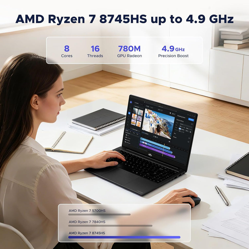 NIMO 15.6' IPS FHD Light-Gaming-Laptop, AMD Ryzen 7 8745HS 16GB DDR5 RAM 1TB SSD (8C/16T, up to 4.9 GHz Beat R9 7940HS) Radeon 780M GPU 100W Type-C Backlit Keyboard Fingerprint, for Students & Gamers