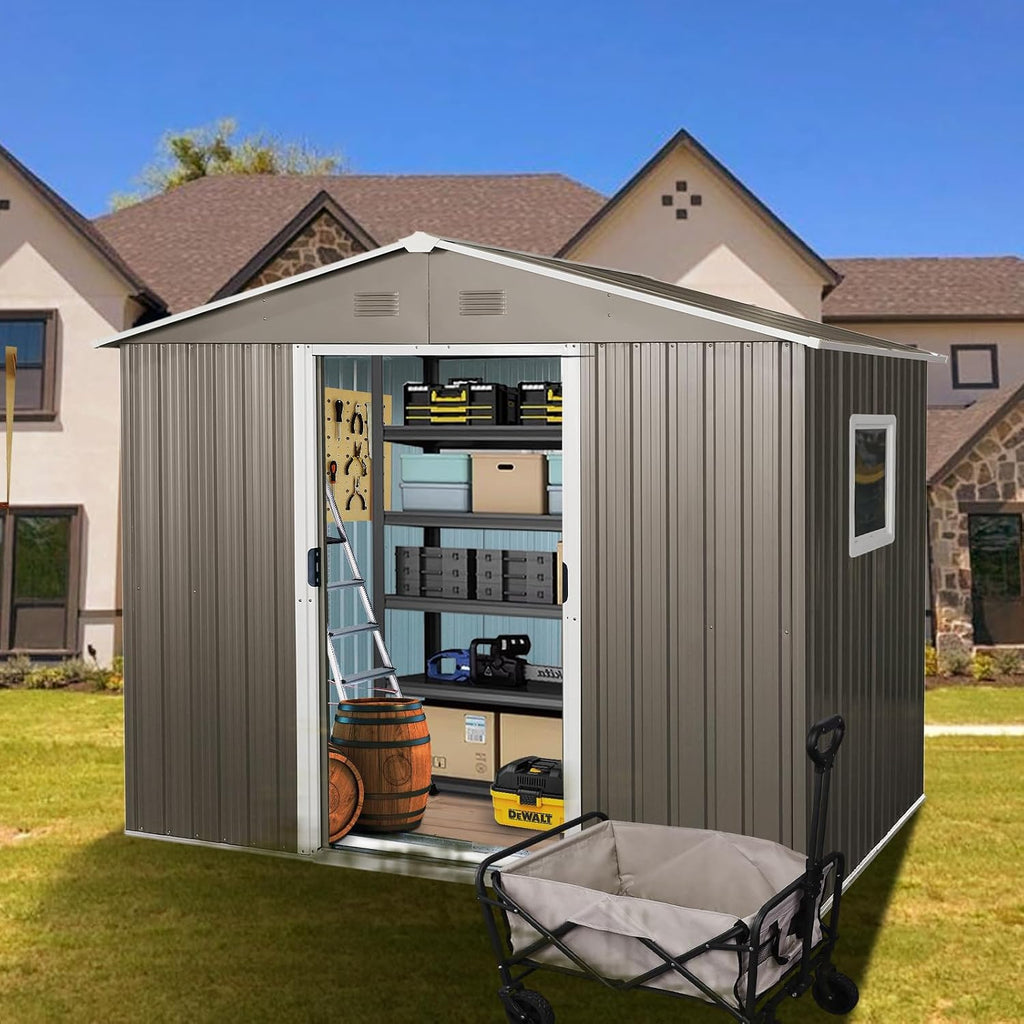 8 x 6 FT Outdoor Storage Shed, Metal Garden Shed with Floor Frame, Tool Shed Outdoor Storage with Lockable Sliding Doors & Window & Air Vents, Storage House Waterproof for Backyard, Lawn, Gray