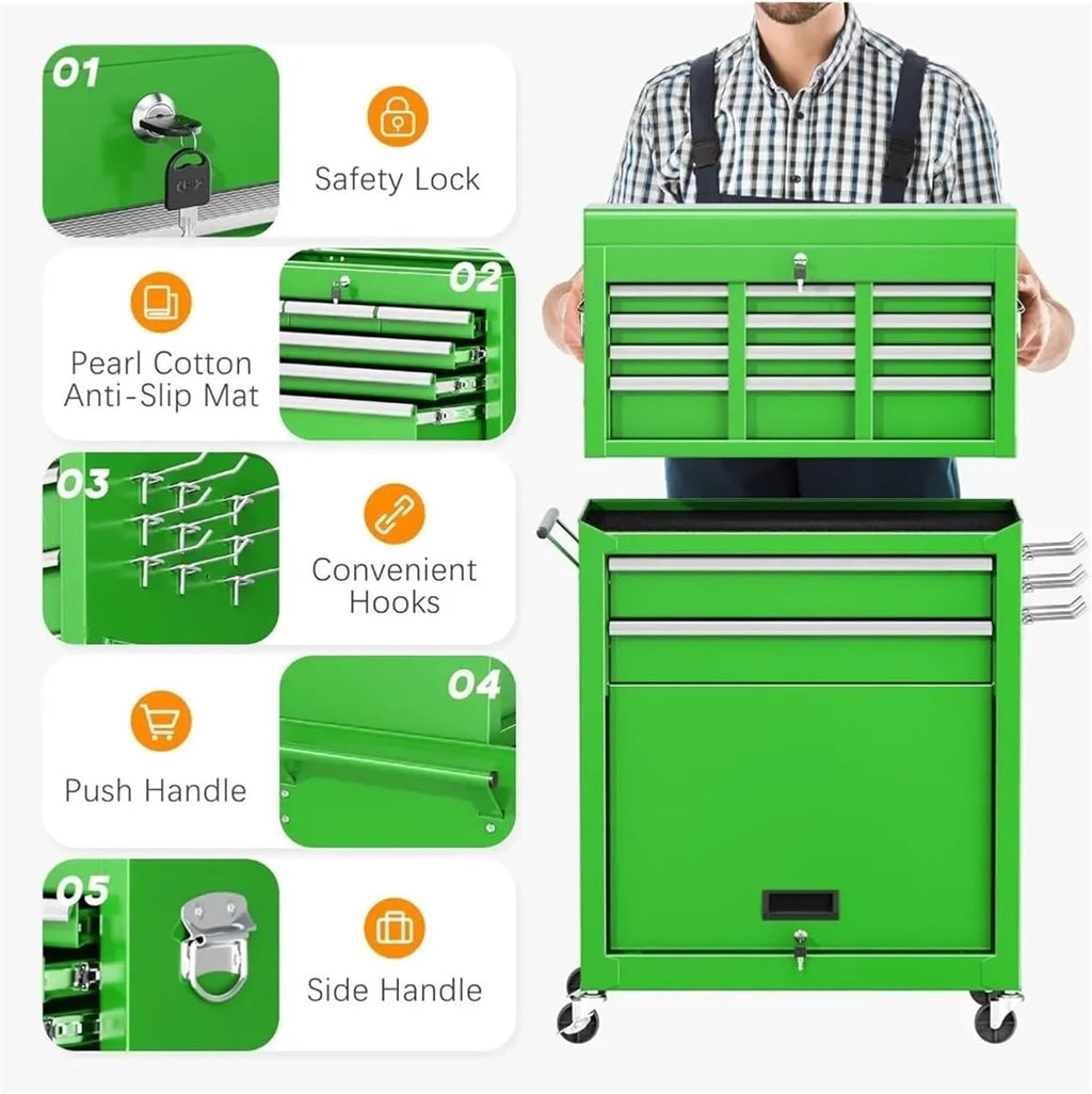 Multifunctional Rolling Tool Chest, 8-Drawer Tool Box, 2 in 1 Detachable Tool Chests & Box, Portable Steel Tool Cabinets w/Lockable Wheels & Sliding Drawers for Warehouse, Garage for Garage