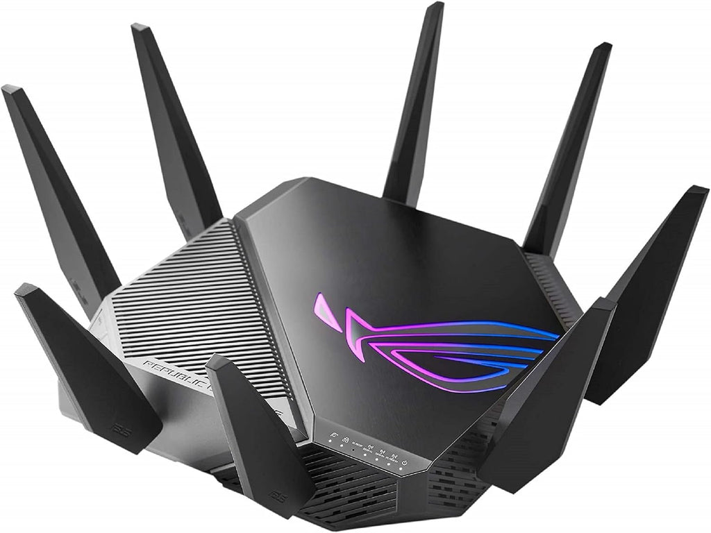 Asus ROG Rapture GT-AXE11000 Wi-Fi 6 IEEE 802.11ax Ethernet Wireless Router - 2.40 GHz ISM Band - 5 GHz UNII Band - 8 x Antenna(8 x External) - 1.34 GB/s Wireless Speed - USB - 2.5 Gigabit Ethernet -