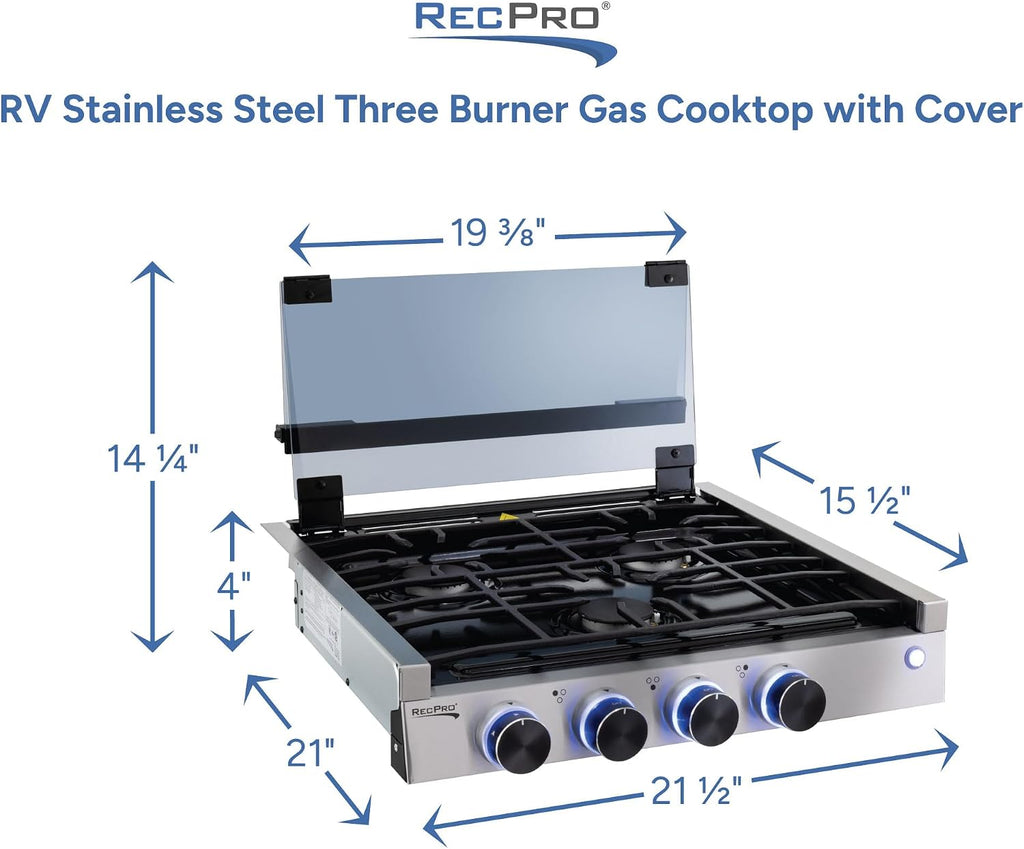 RecPro RV Built In Gas Cooktop | 2 Burner or 3 Burner | RV Cooktop Stove | 6,500 and 8,000 BTU Burners | Cover Included (3 Burner Stainless Steel)