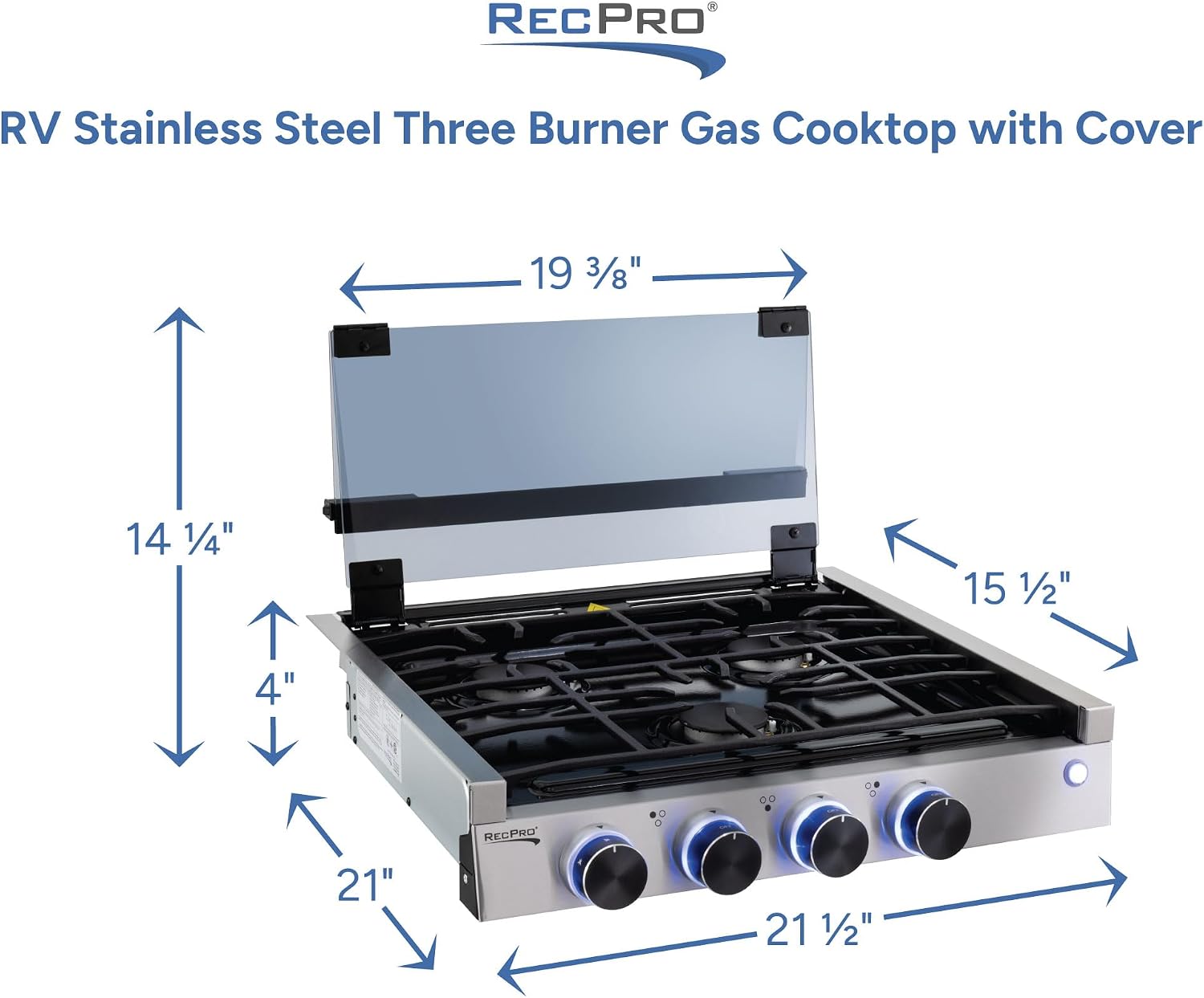 RecPro RV Built In Gas Cooktop | 2 Burner or 3 Burner | RV Cooktop Stove | 6,500 and 8,000 BTU Burners | Cover Included (3 Burner Stainless Steel)