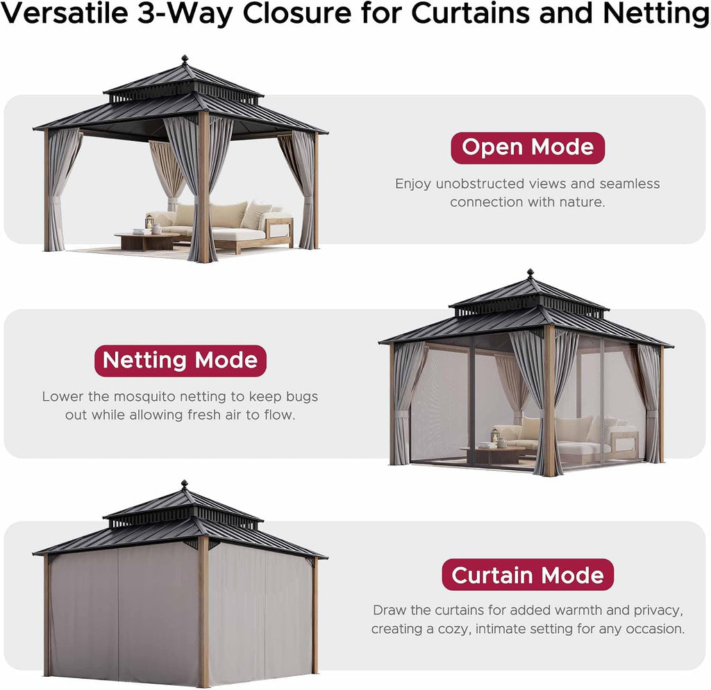 SUNJOY Kingston 12' x 12' Hardtop Wood Gazebo with Galvanized Steel Double Roof, Curtain and Netting, Cedar Posts Permanent Pavilion Gazebo for Garden, Patio, Deck, Lawn